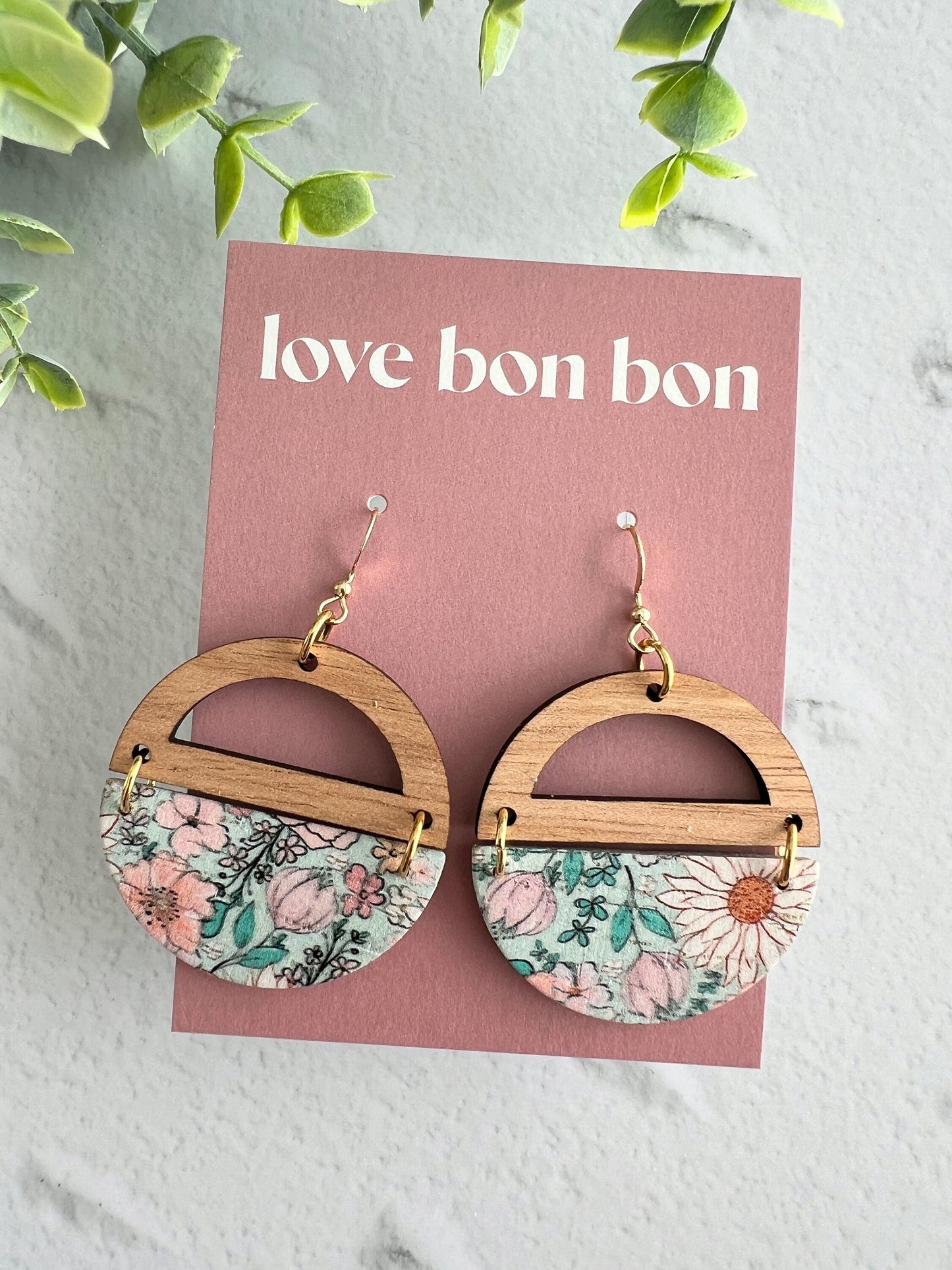 Genuine Cork and Large Leather Handmade Circle Earring with half circle Wooden topper - dangle earring - floral print leather