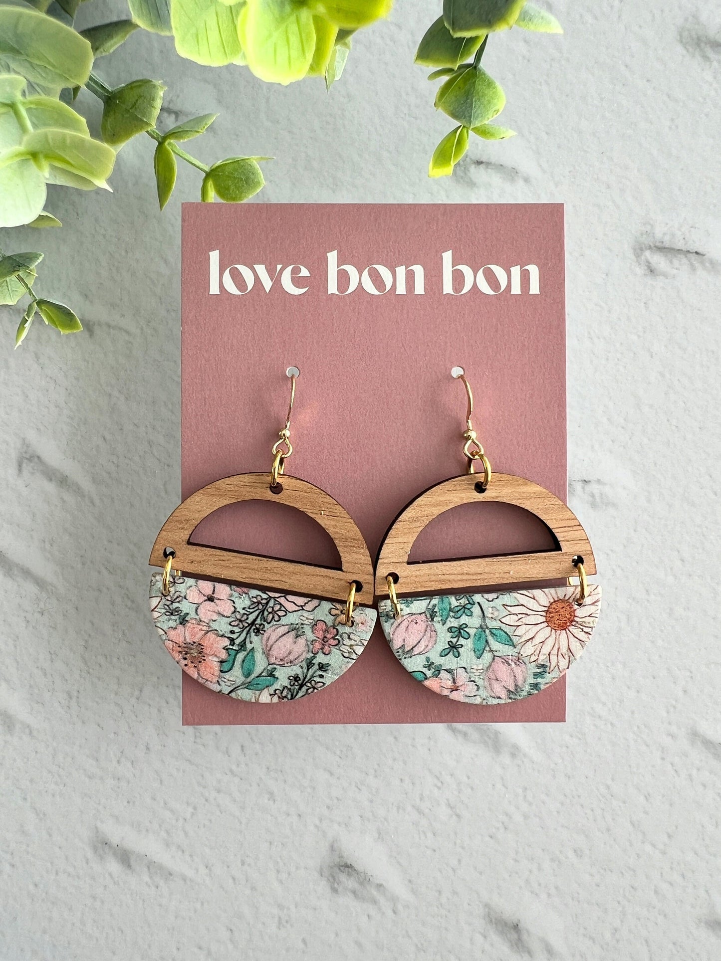 Genuine Cork and Large Leather Handmade Circle Earring with half circle Wooden topper - dangle earring - floral print leather