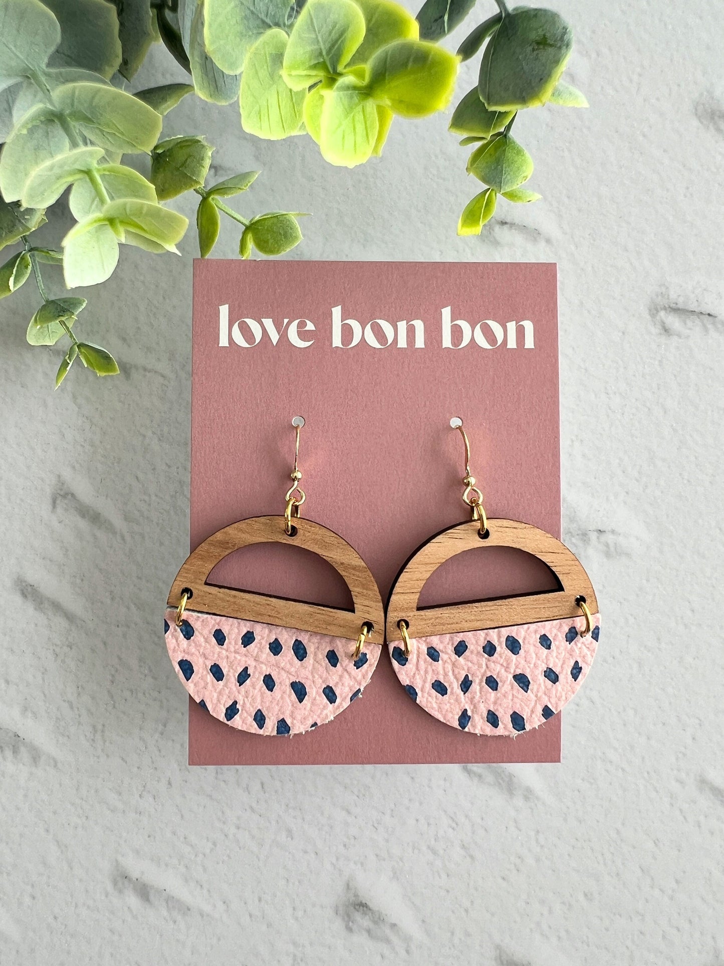 Genuine Cork and Large Leather Handmade Circle Earring with half circle Wooden topper - dangle earring - odd spots print leather
