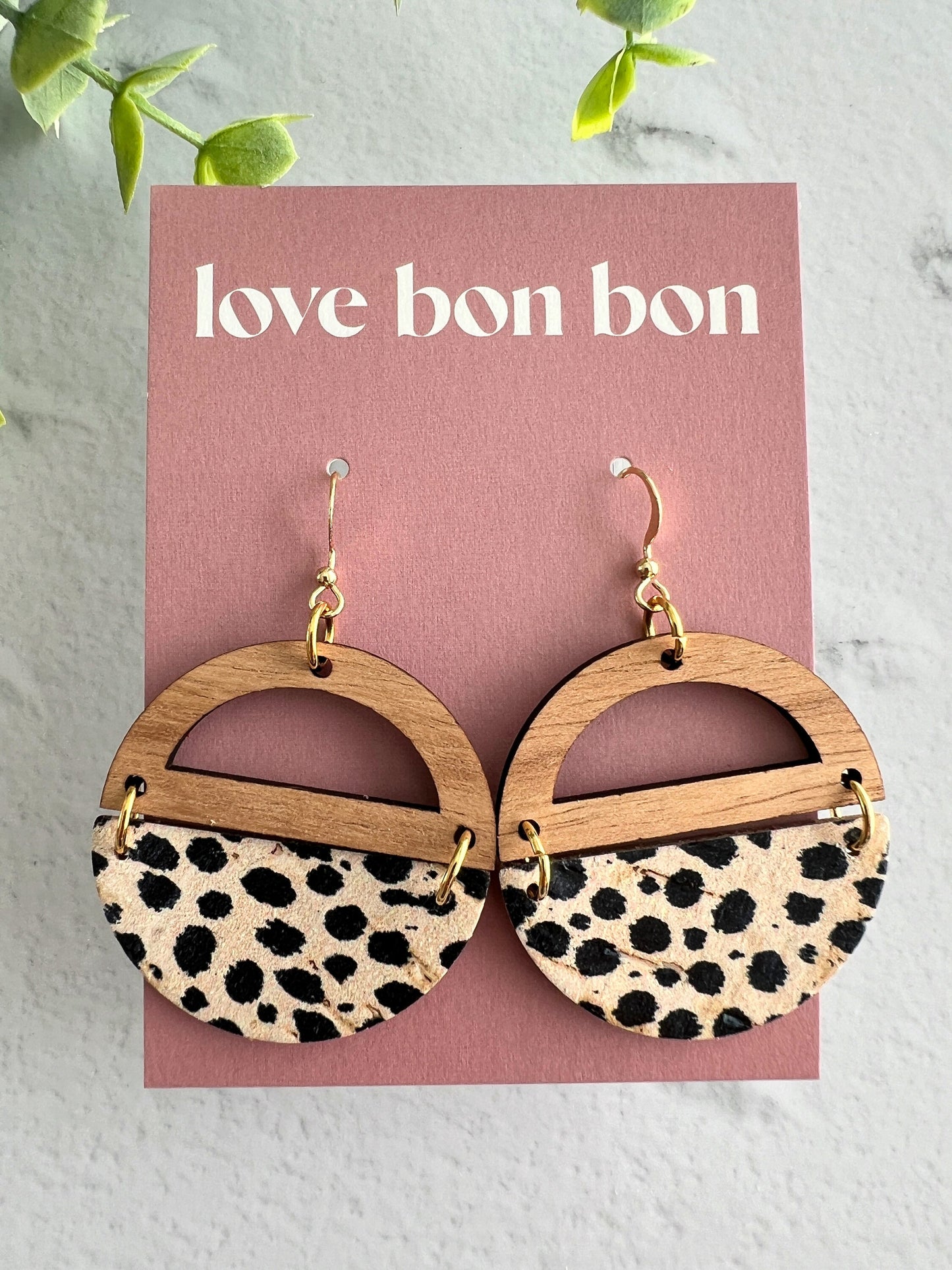 Genuine Cork and Large Leather Handmade Circle Earring with half circle Wooden topper - dangle earring - spotted print leather