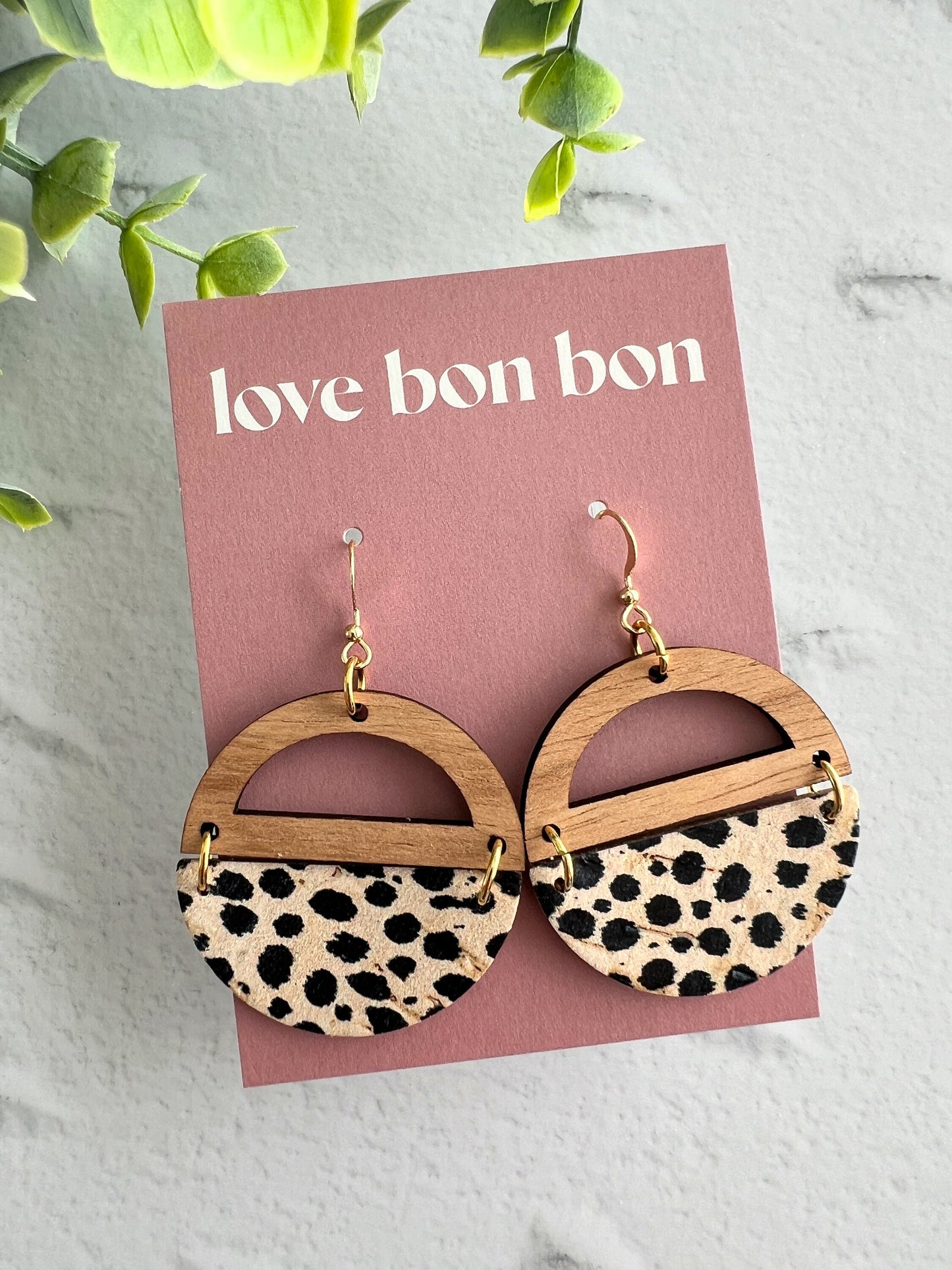 Genuine Cork and Large Leather Handmade Circle Earring with half circle Wooden topper - dangle earring - spotted print leather