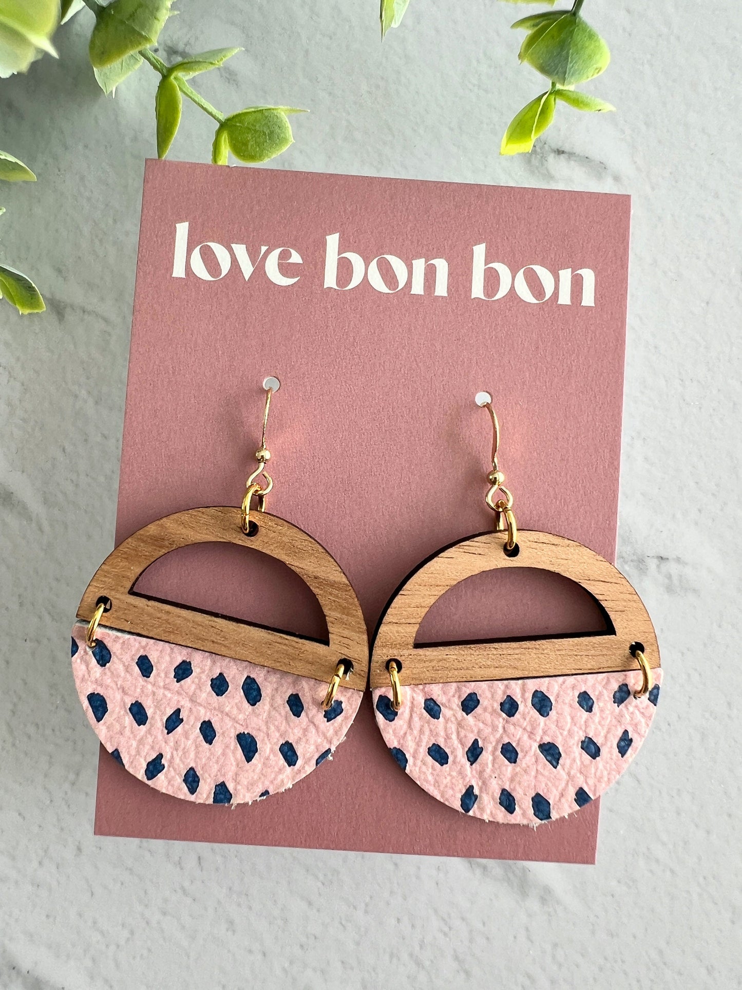 Genuine Cork and Large Leather Handmade Circle Earring with half circle Wooden topper - dangle earring - odd spots print leather