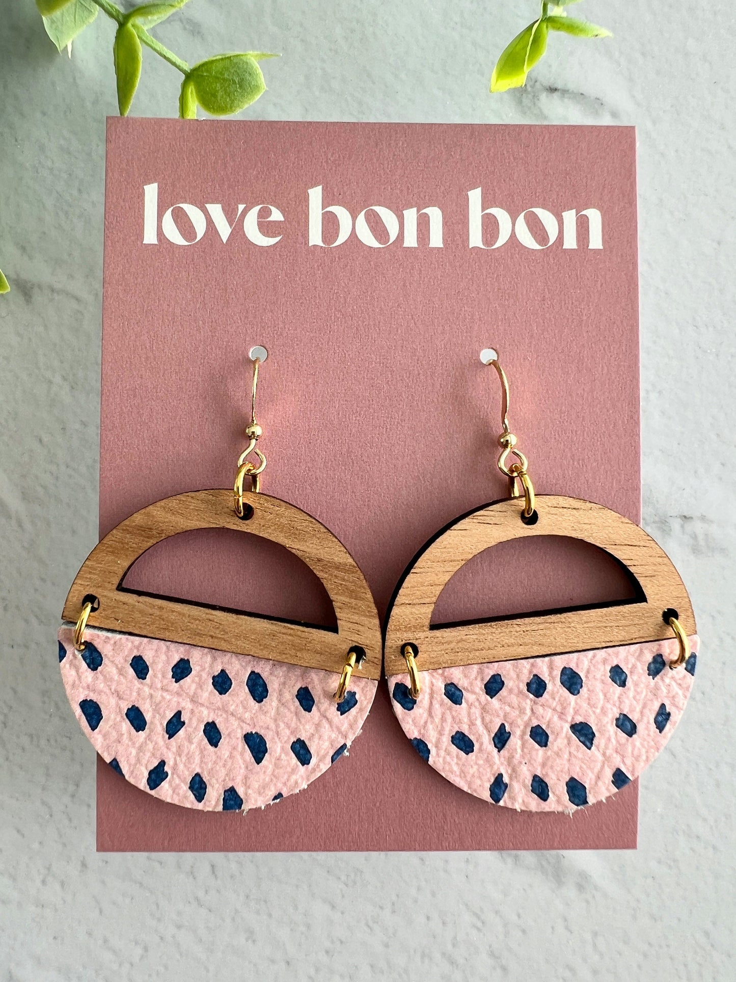 Genuine Cork and Large Leather Handmade Circle Earring with half circle Wooden topper - dangle earring - odd spots print leather
