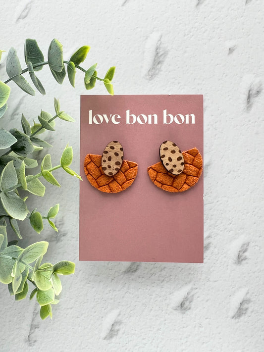 Ollie - Half Circle Embossed Leather Drop Earring - Burnt Orange