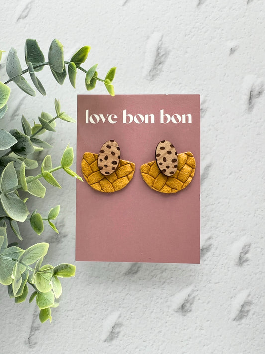 Ollie - Half Circle Embossed Leather Drop Earring - Mustard Yellow