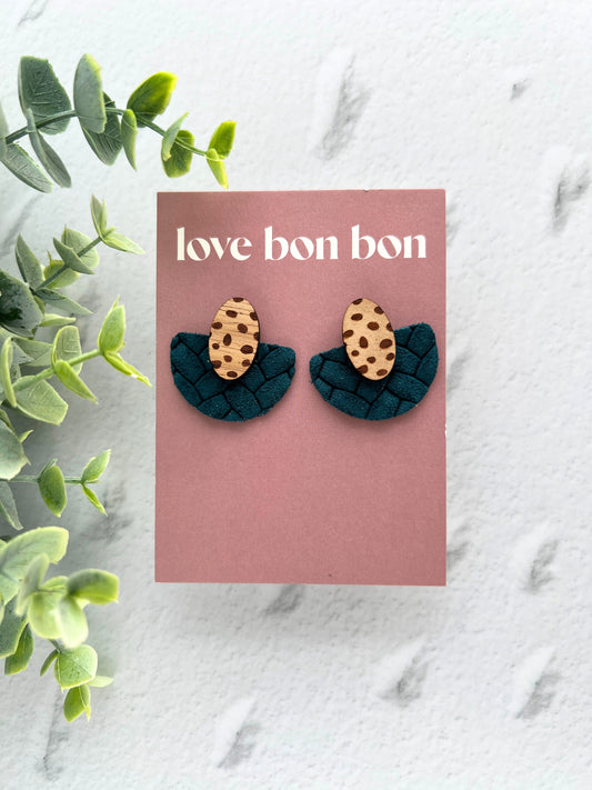 Ollie - Half Circle Embossed Leather Drop Earring - Peacock
