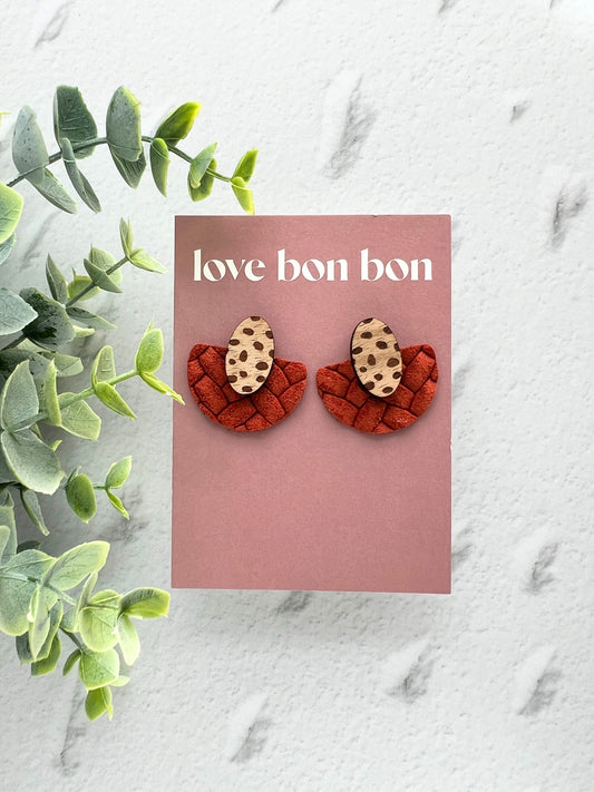 Ollie - Half Circle Embossed Leather Drop Earring - Rust