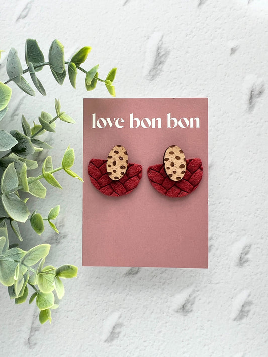 Ollie - Half Circle Embossed Leather Drop Earring - Scarlett