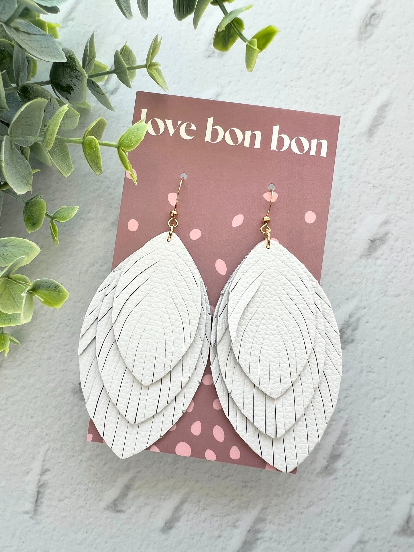 Sacha - Large Triple Feather Dangle Earring - White