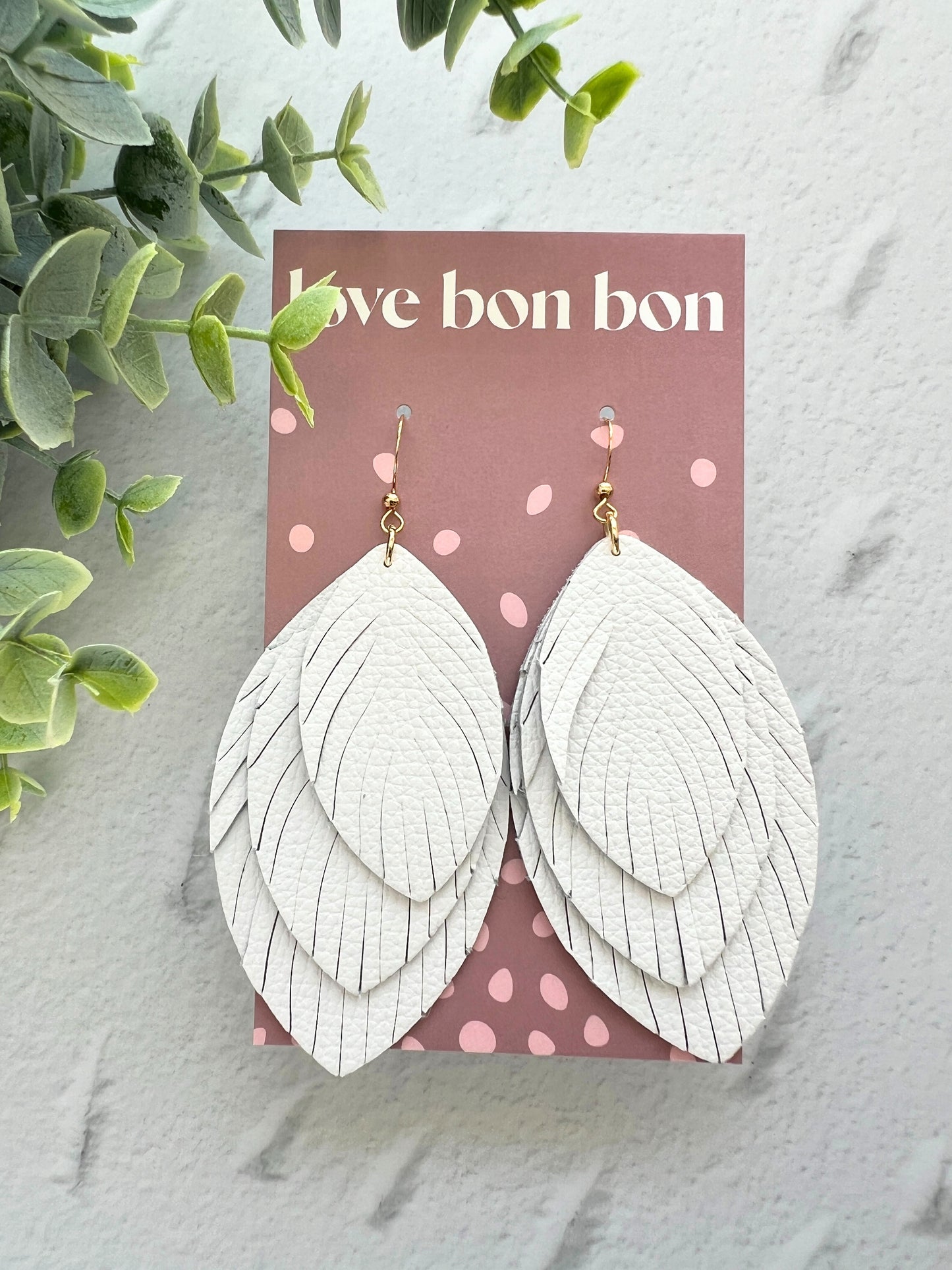 Sacha - Large Triple Feather Dangle Earring - White