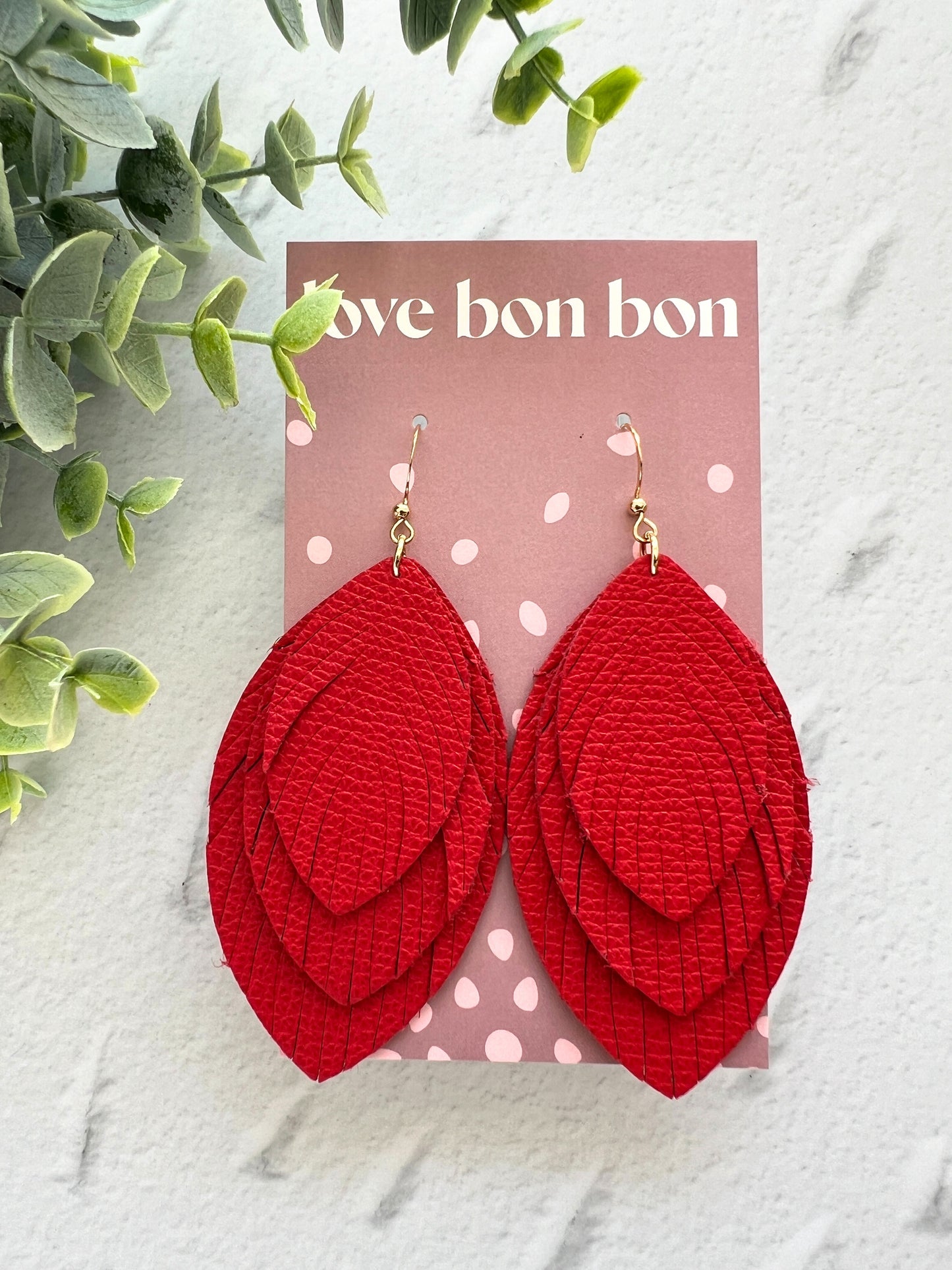 Sacha - Large Triple Feather Dangle Earring - Rouge