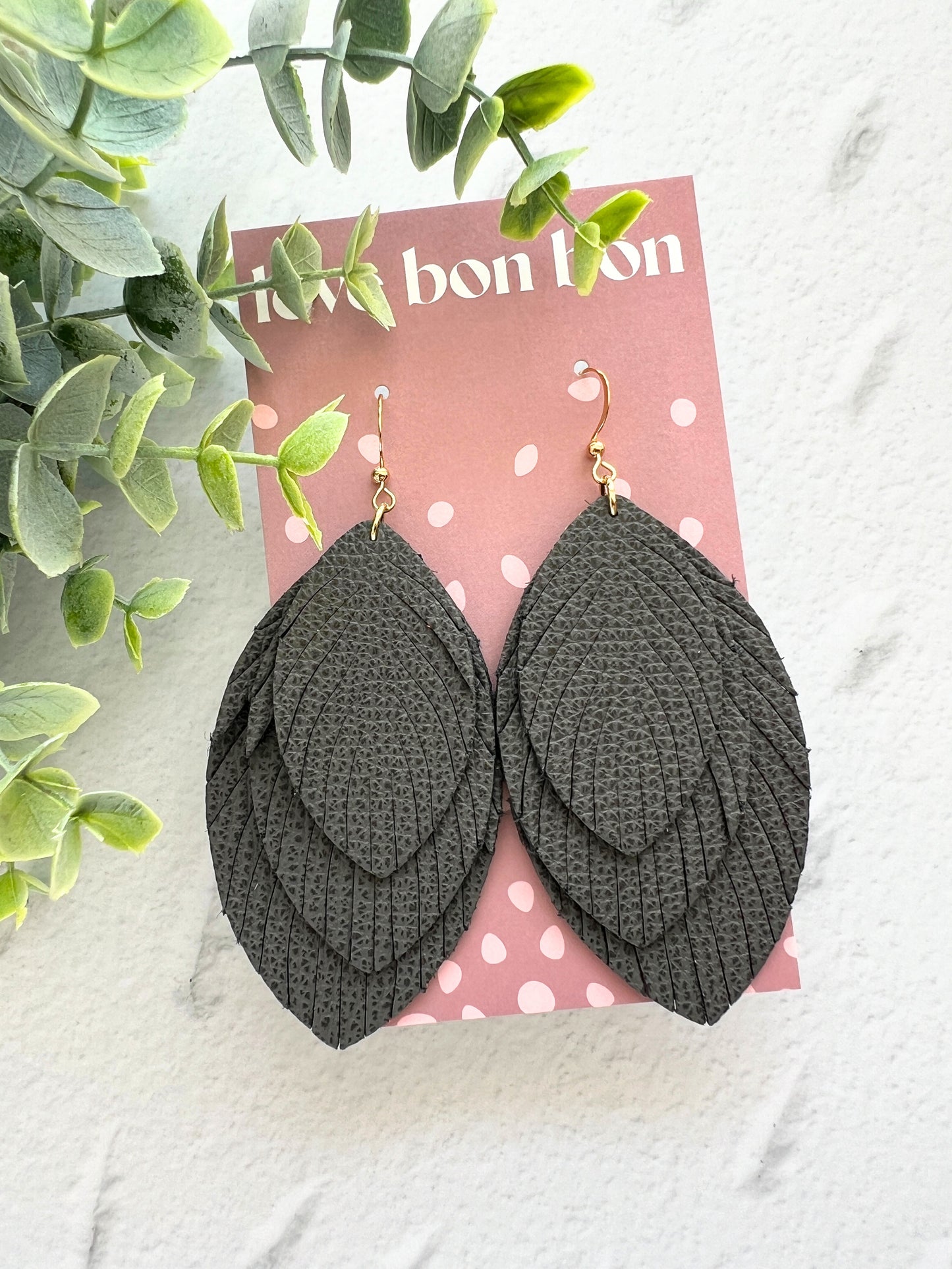 Sacha - Large Triple Feather Dangle Earring - Slate Grey