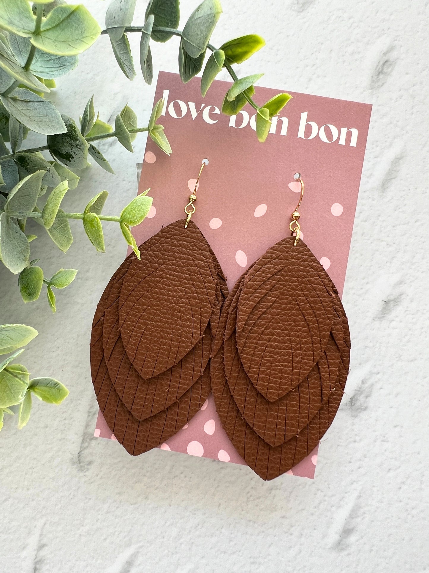 Sacha - Large Triple Feather Dangle Earring - Milk Chocolate