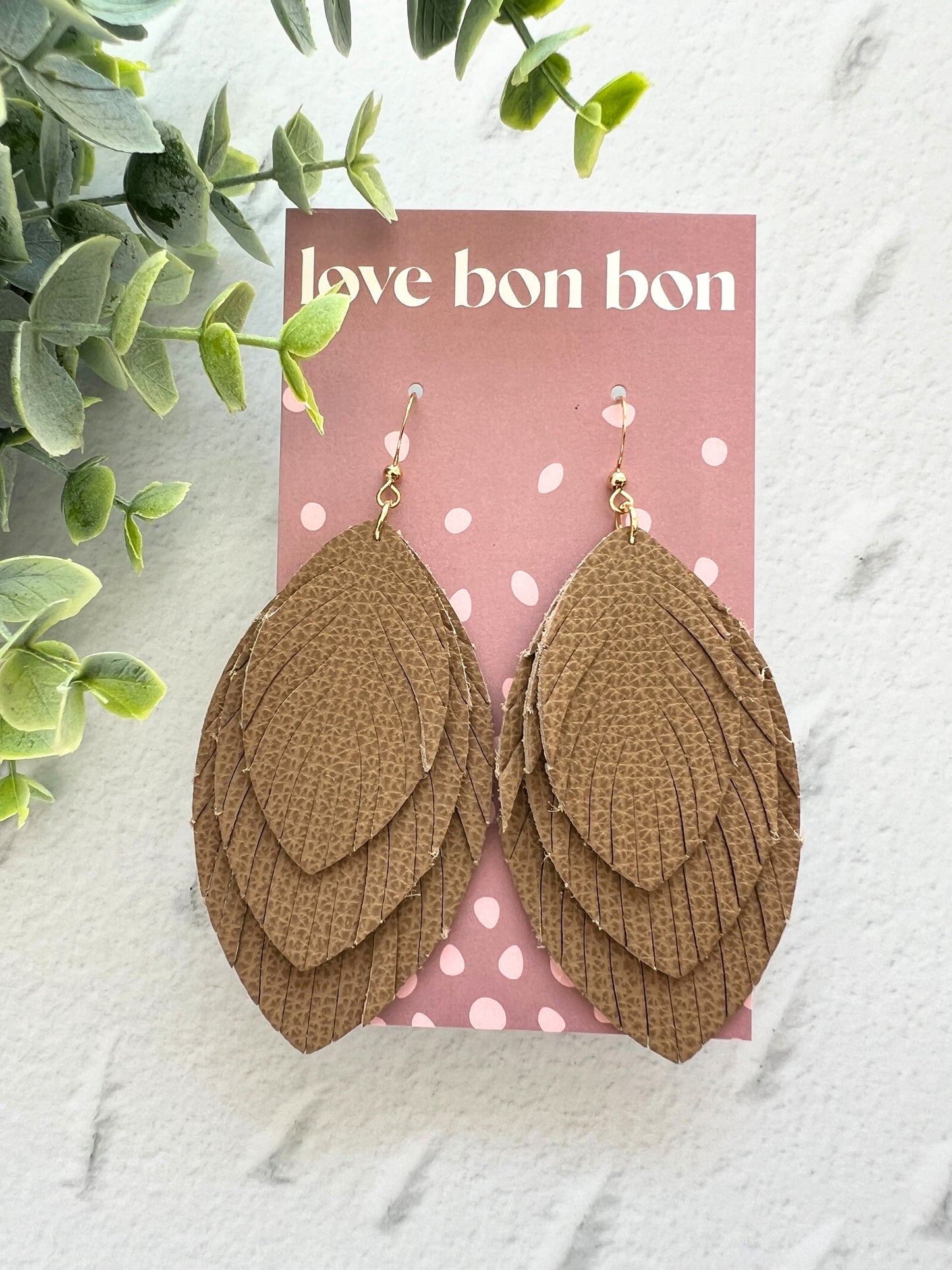 Sacha - Large Triple Feather Dangle Earring - Latte