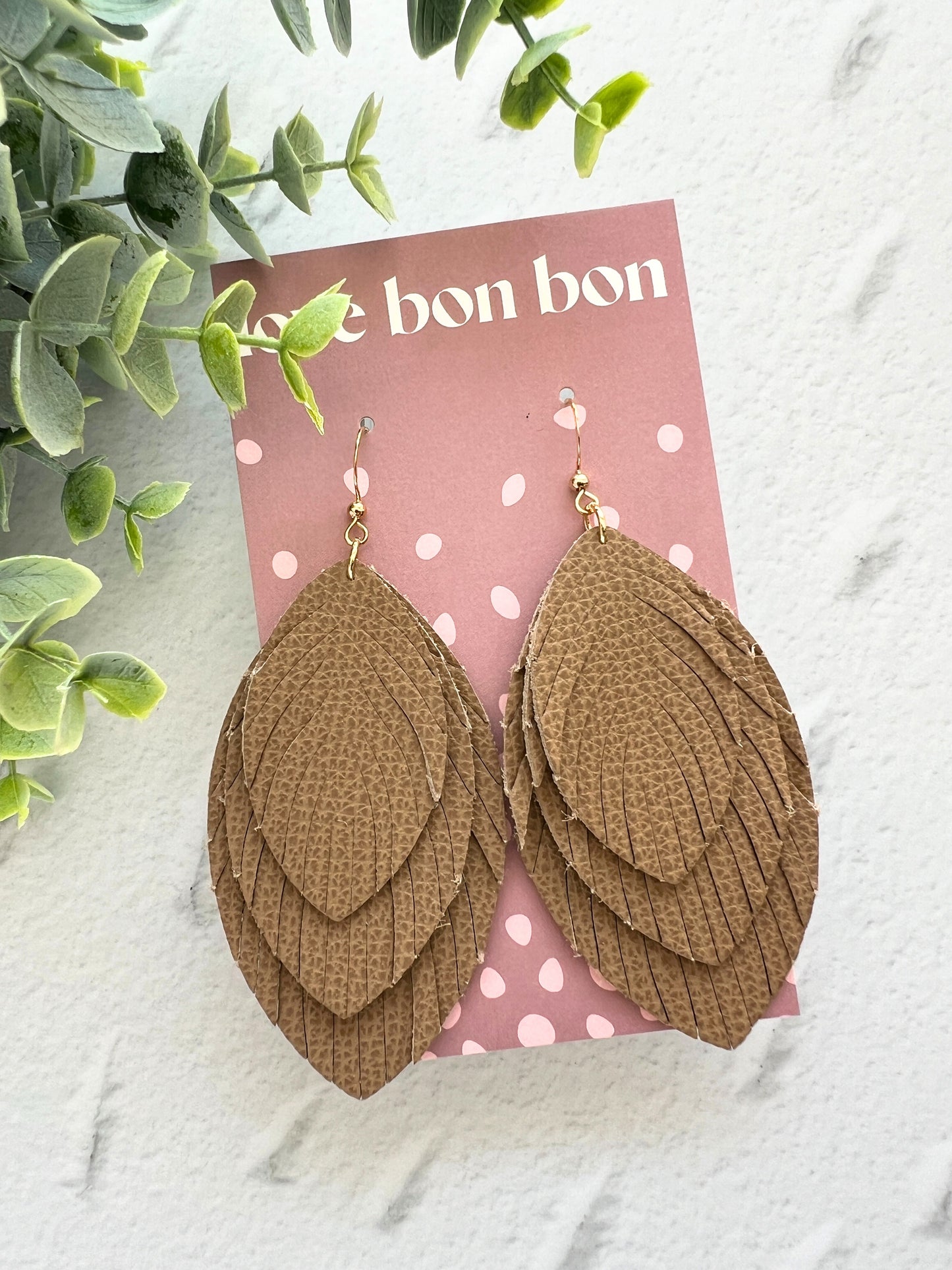 Sacha - Large Triple Feather Dangle Earring - Latte