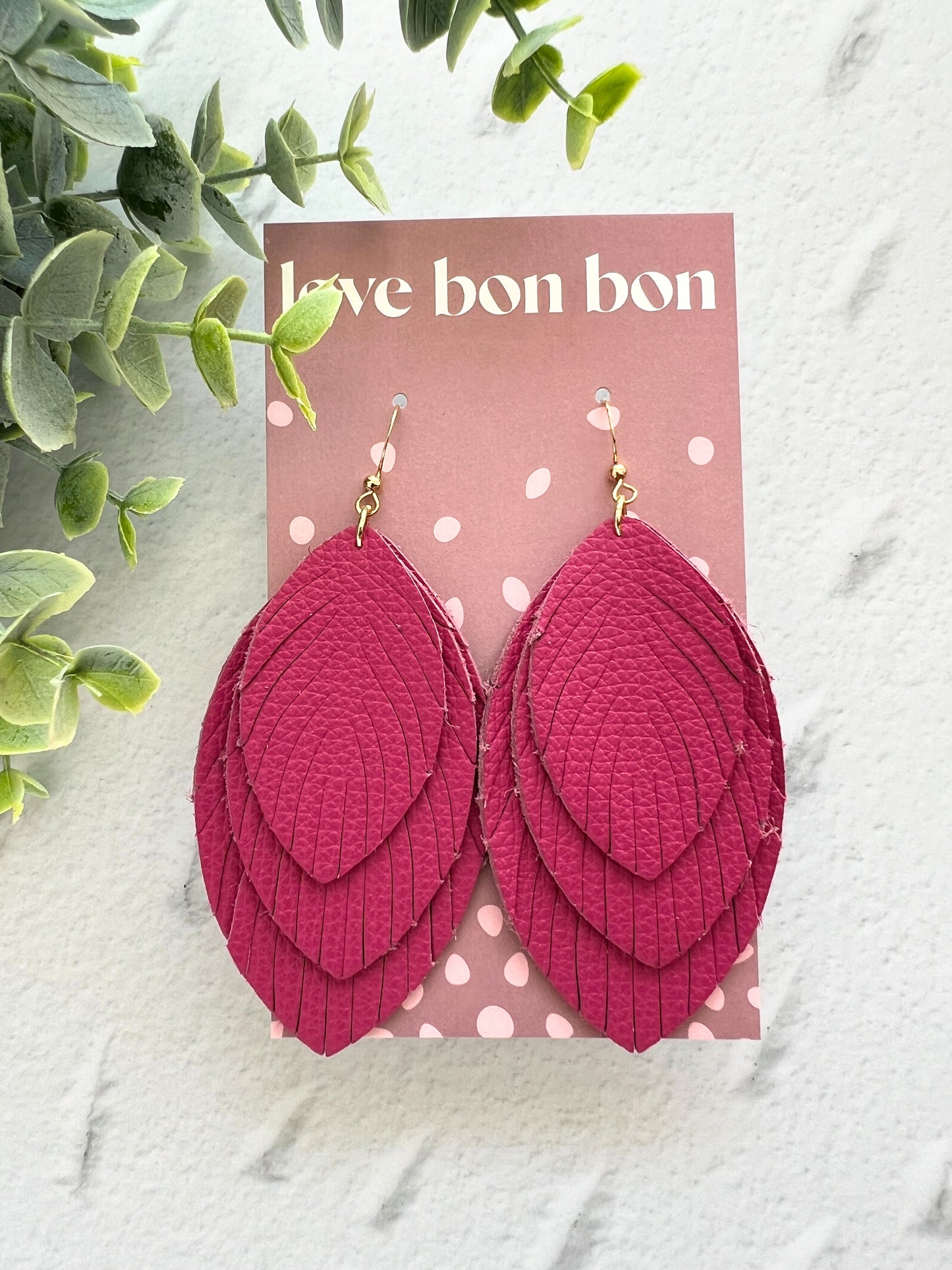 Sacha - Large Triple Feather Dangle Earring - Magenta