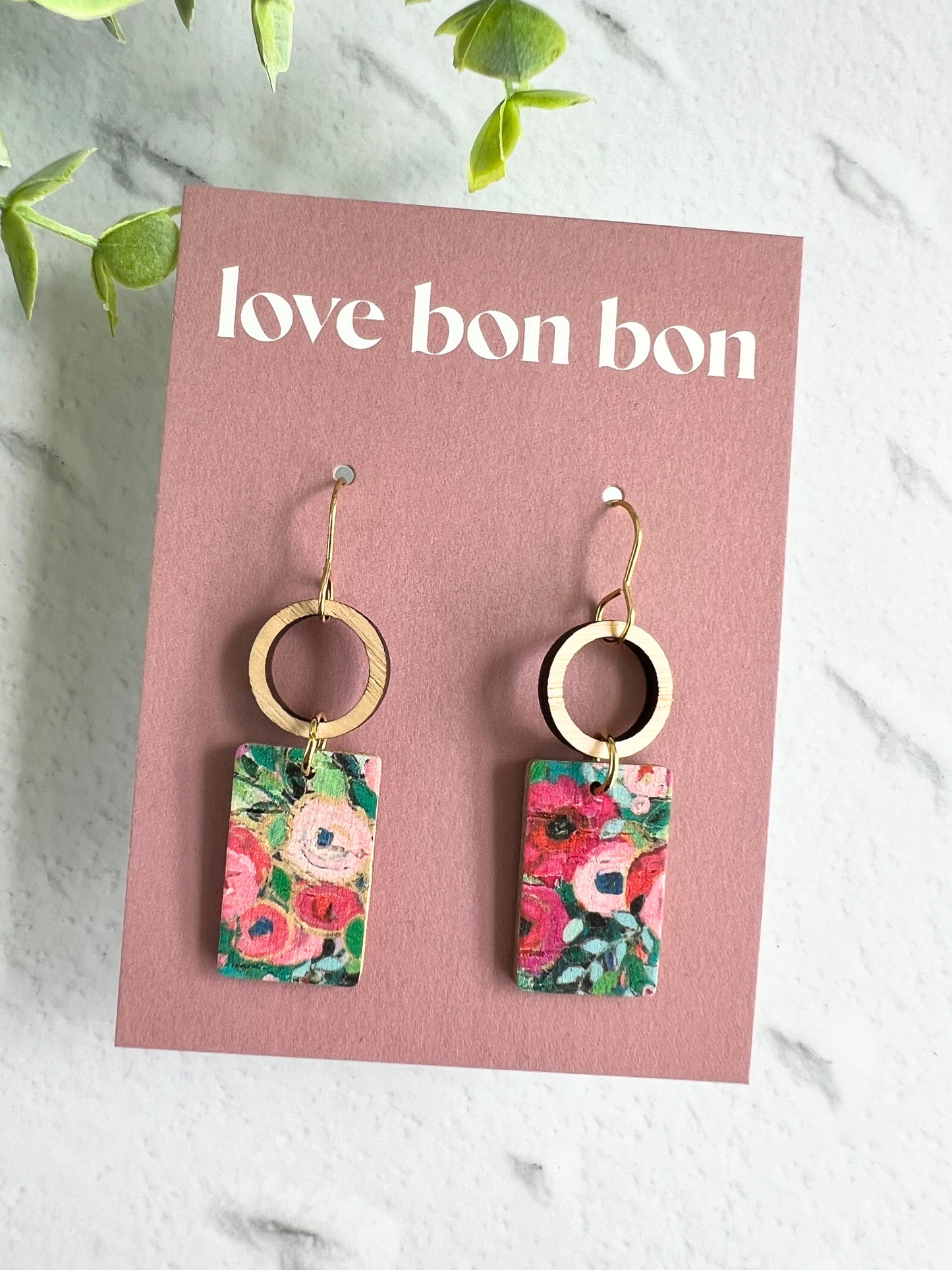 Tay - Wooden Circle & Rectangle Dangle Earring