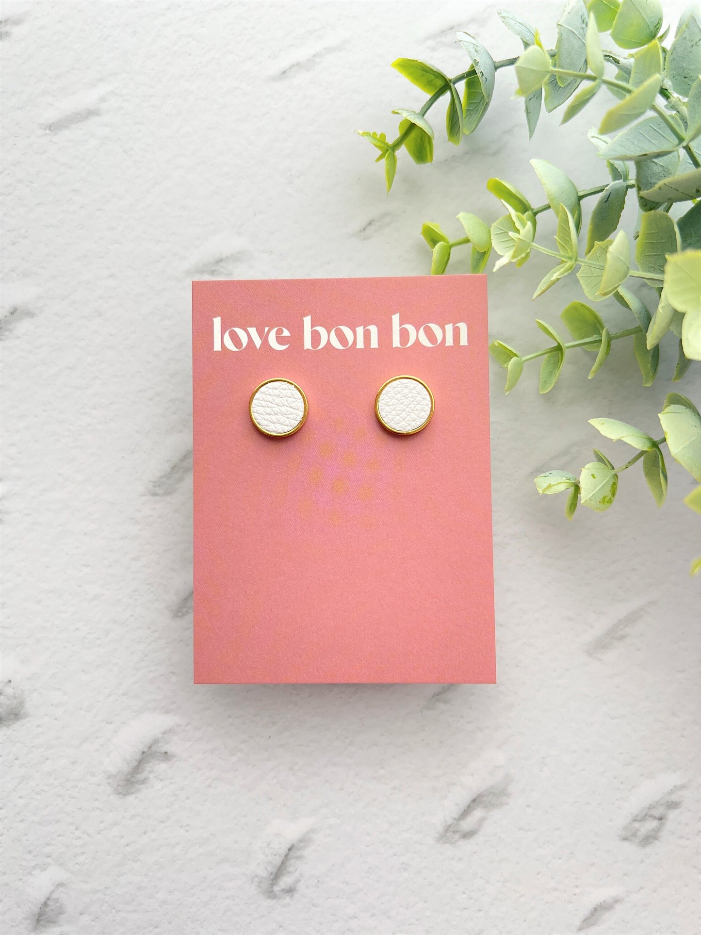 Genuine Leather Studs in Gold Stainless Steel Bezel, gifts for her, handmade earring, white leather studs, 14mm 1.4cm stud earring