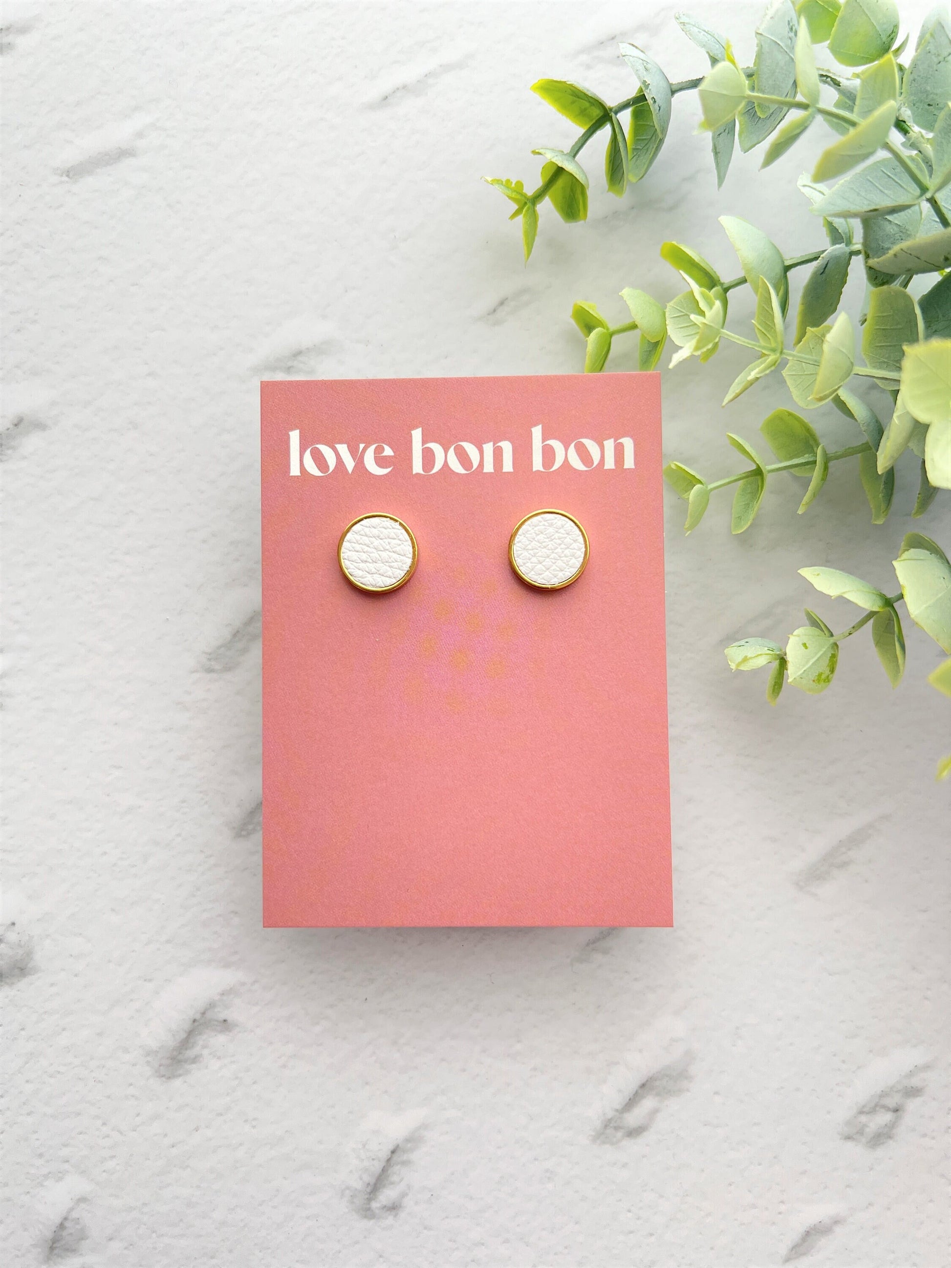 Genuine Leather Studs in Gold Stainless Steel Bezel, gifts for her, handmade earring, white leather studs, 14mm 1.4cm stud earring