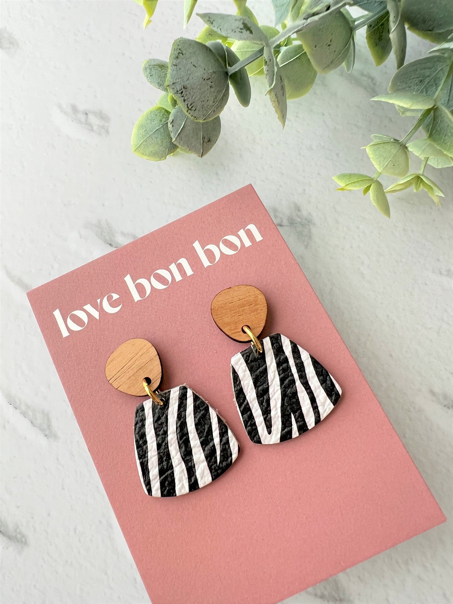 Genuine Leather Handmade Petite Earring with Wooden topper, dangle earring, handmade earring, zebra leather print