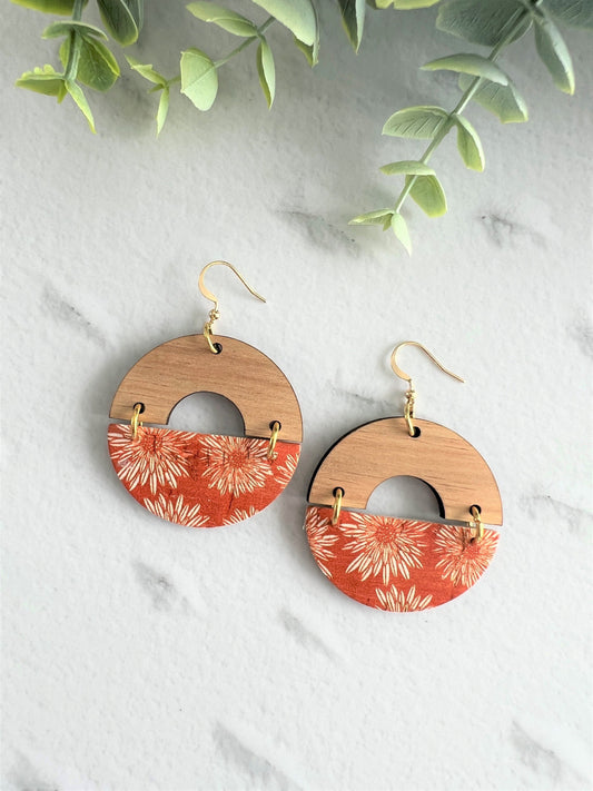 Cork and Leather Handmade Circle Earring with cut out half circle Wooden topper, dangle earring, handmade earring, floral print leather