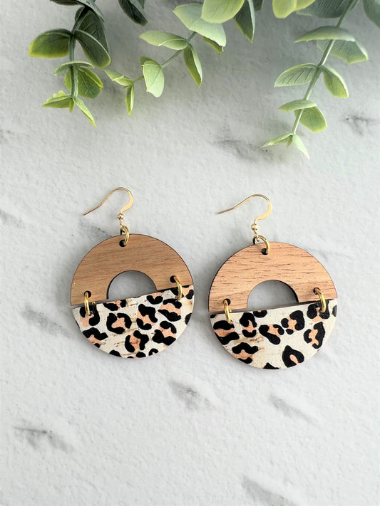 Cork and Leather Handmade Circle Earring with cut out half circle Wooden topper, dangle earring, handmade earring, cheetah print leather