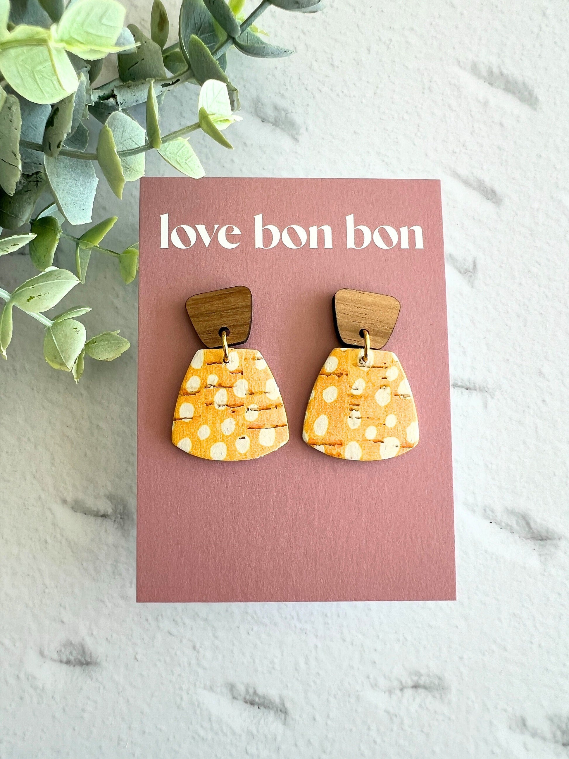 Cork and Leather Handmade Petite Earring with Wooden tops, dangle earring, handmade earring, leopard print, handmade earrings