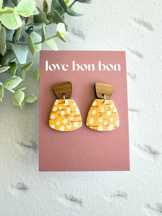 Cork and Leather Handmade Petite Earring with Wooden tops, dangle earring, handmade earring, leopard print, handmade earrings