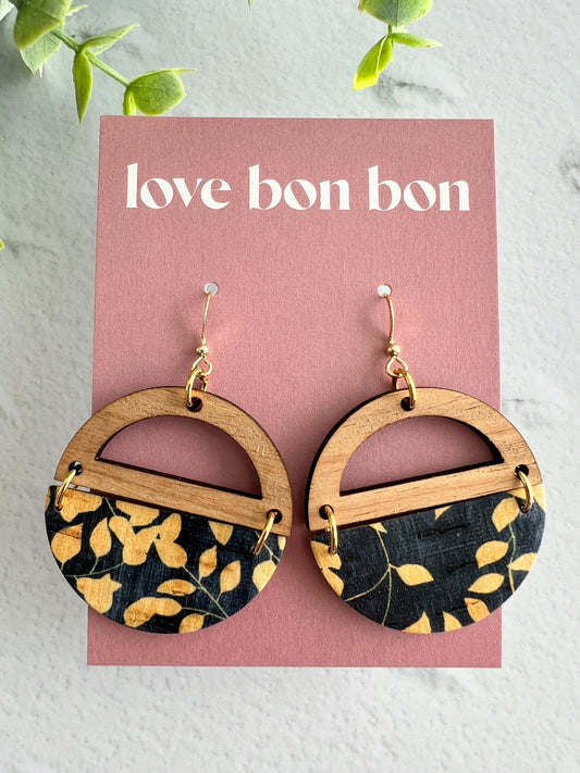Genuine Cork and Large Leather Handmade Circle Earring with half circle Wooden topper - dangle earring - floral print leather