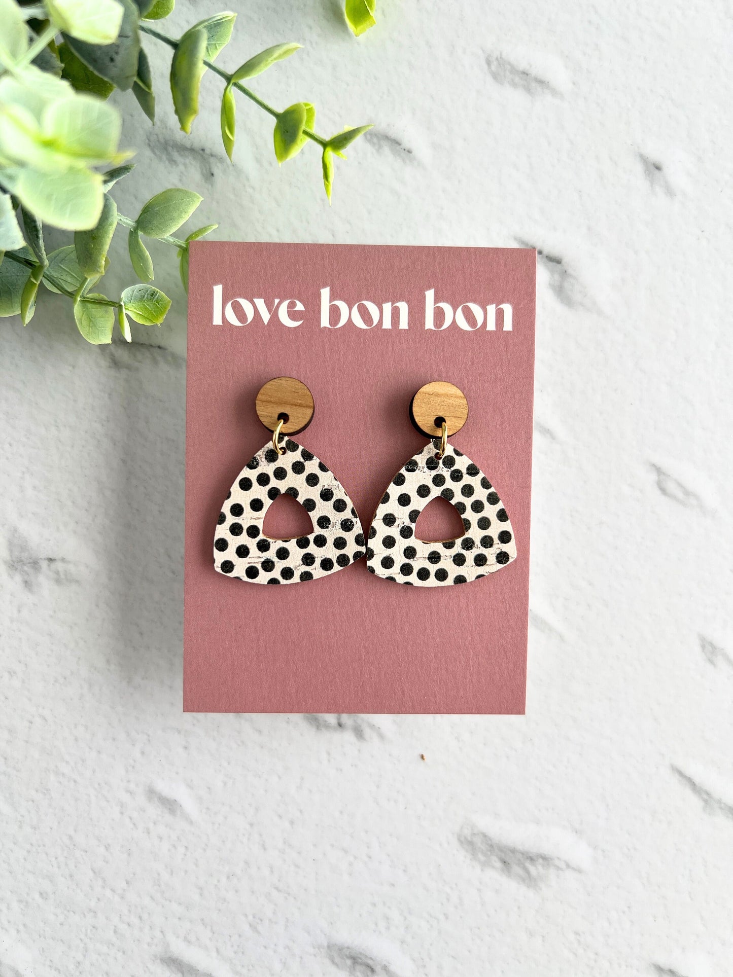 Cork and Leather Handmade Petite Cut-Out Triangle Earring with Wooden topper & stainless steel post, dangle earring, birthday gift