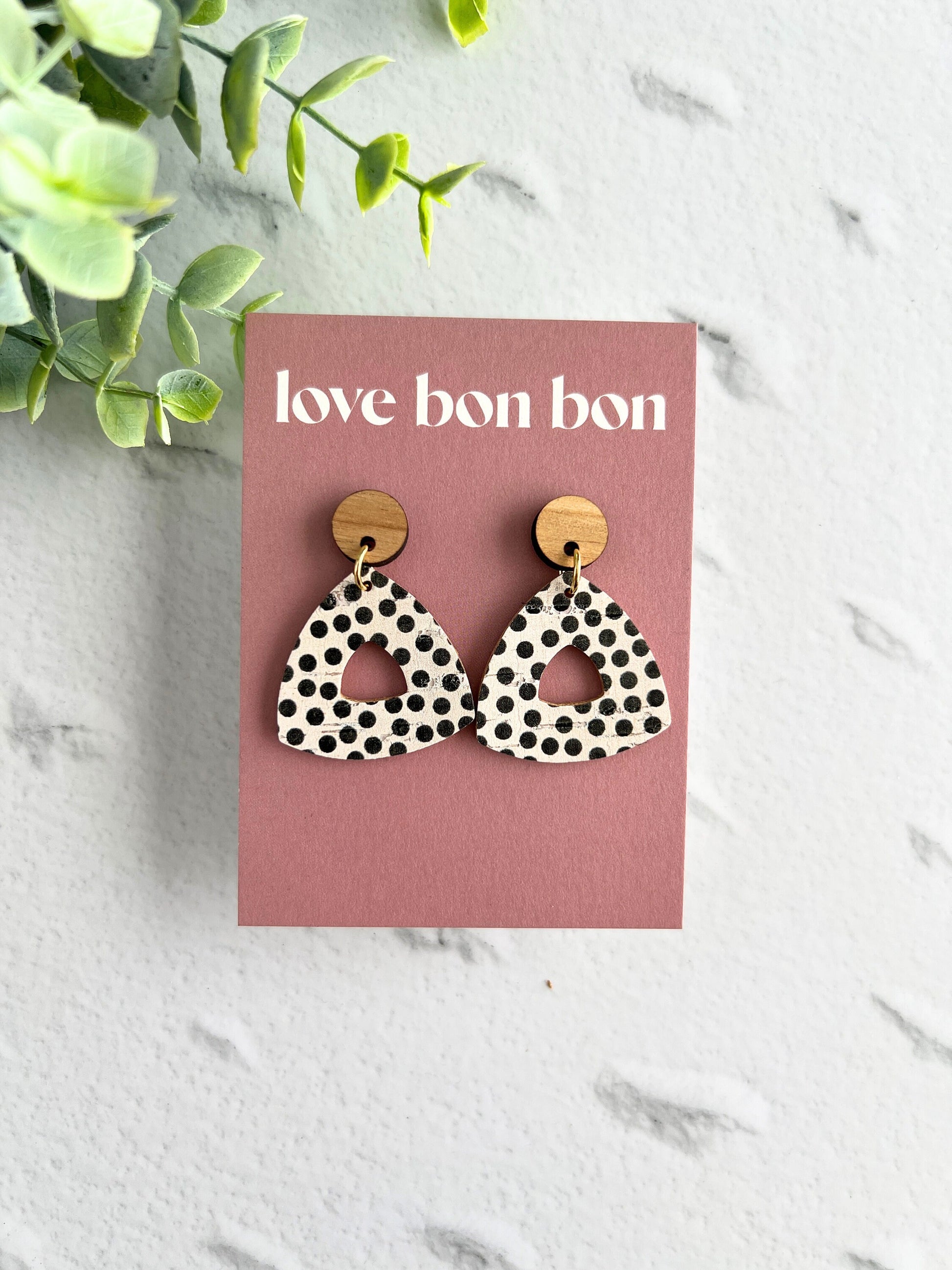 Cork and Leather Handmade Petite Cut-Out Triangle Earring with Wooden topper & stainless steel post, dangle earring, birthday gift