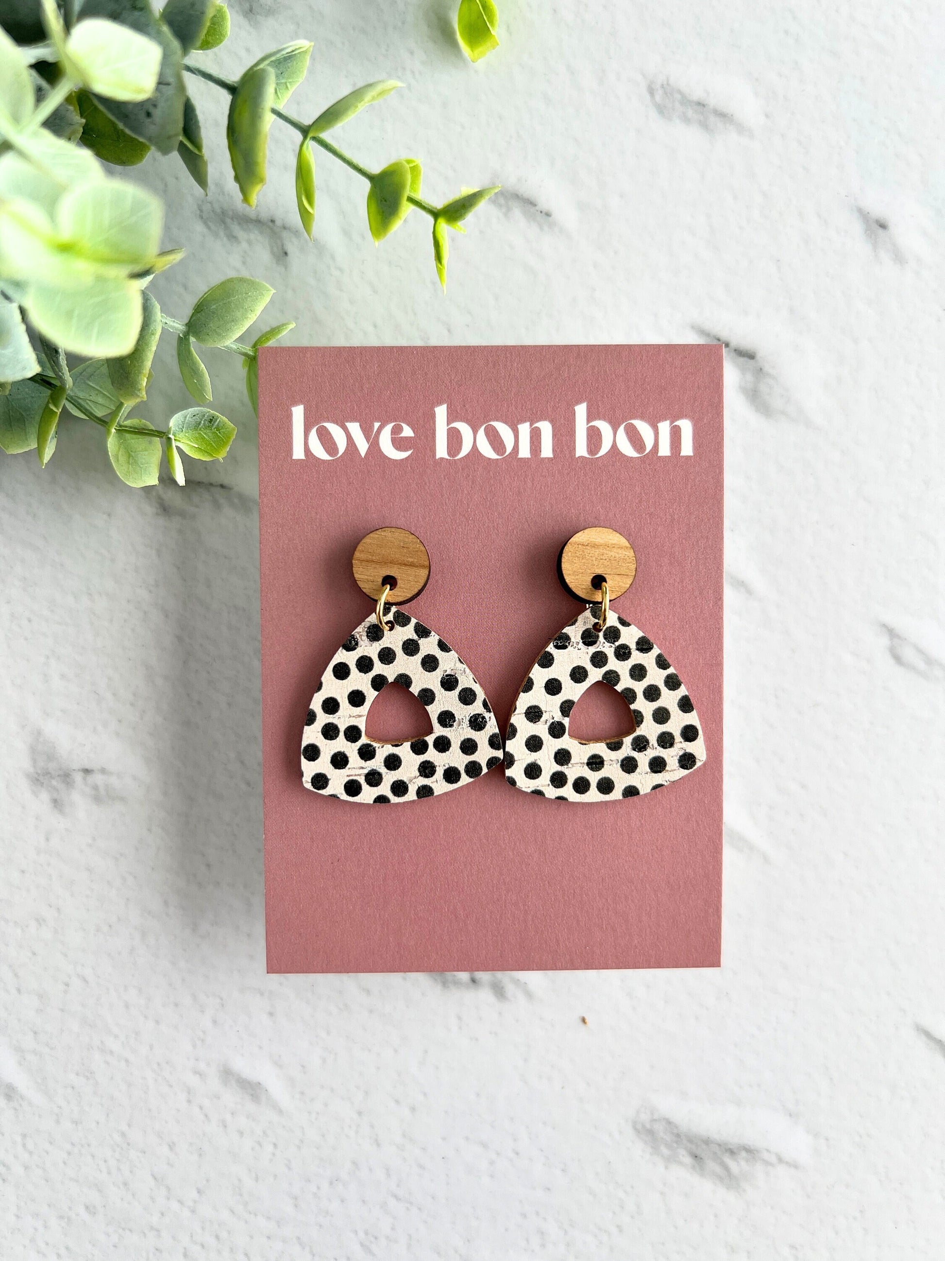 Cork and Leather Handmade Petite Cut-Out Triangle Earring with Wooden topper & stainless steel post, dangle earring, birthday gift
