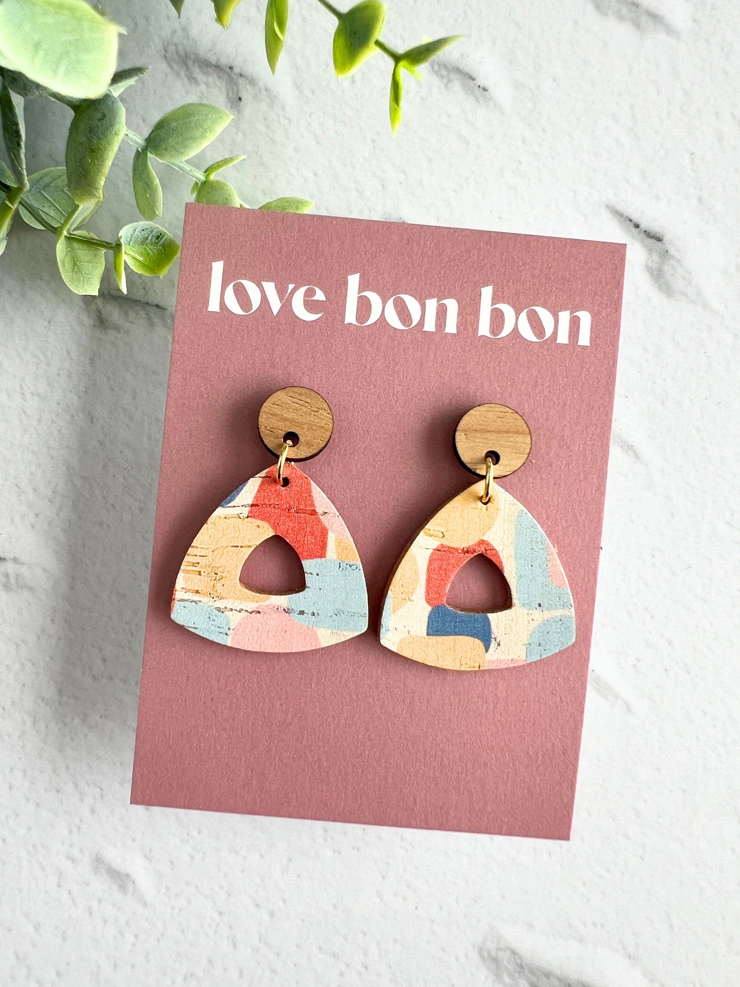 Cork and Leather Handmade Petite Cut-Out Triangle Earring with Wooden topper & stainless steel post, dangle earring, birthday gift