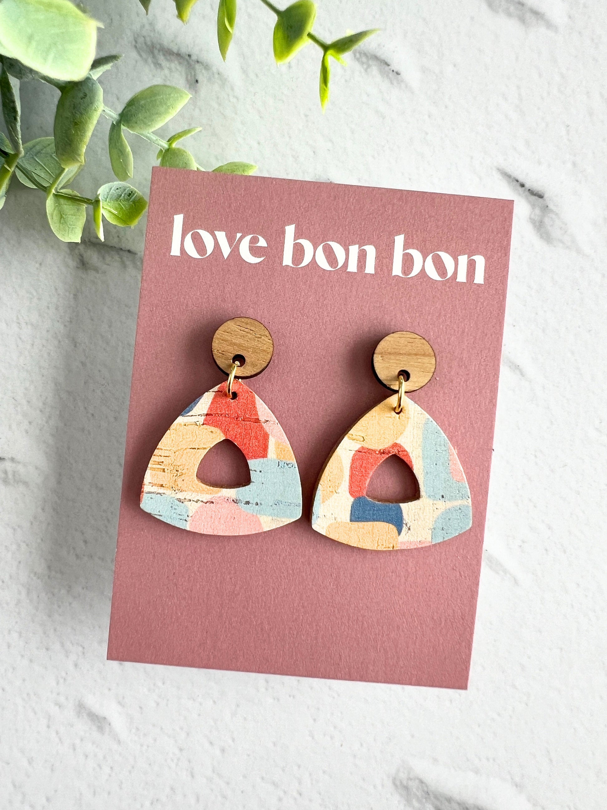 Cork and Leather Handmade Petite Cut-Out Triangle Earring with Wooden topper & stainless steel post, dangle earring, birthday gift