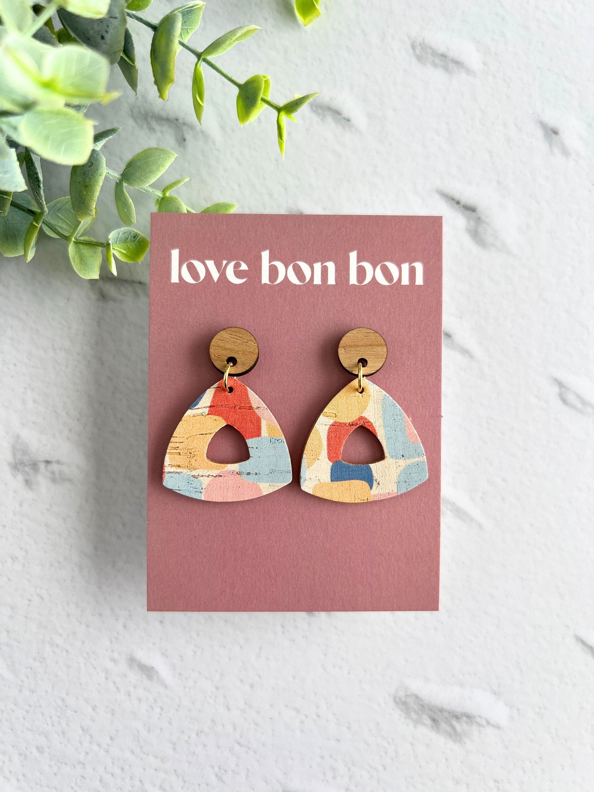 Cork and Leather Handmade Petite Cut-Out Triangle Earring with Wooden topper & stainless steel post, dangle earring, birthday gift