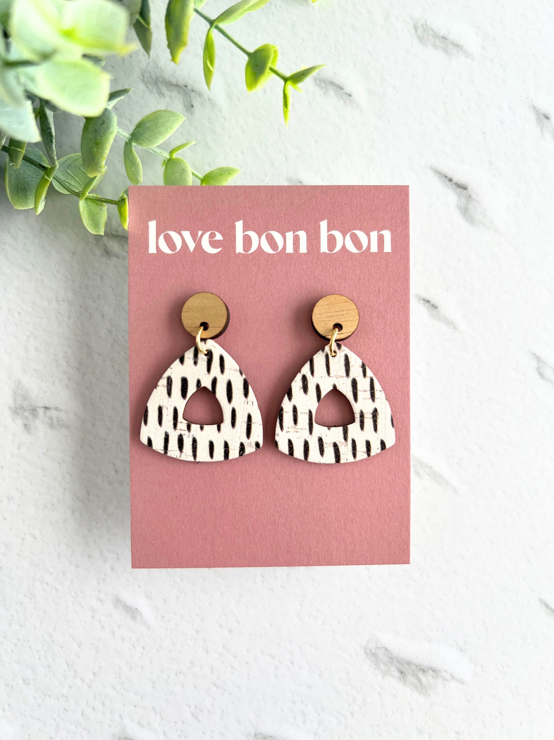 Cork and Leather Handmade Petite Cut-Out Triangle Earring with Wooden topper & stainless steel post, dangle earring, birthday gift