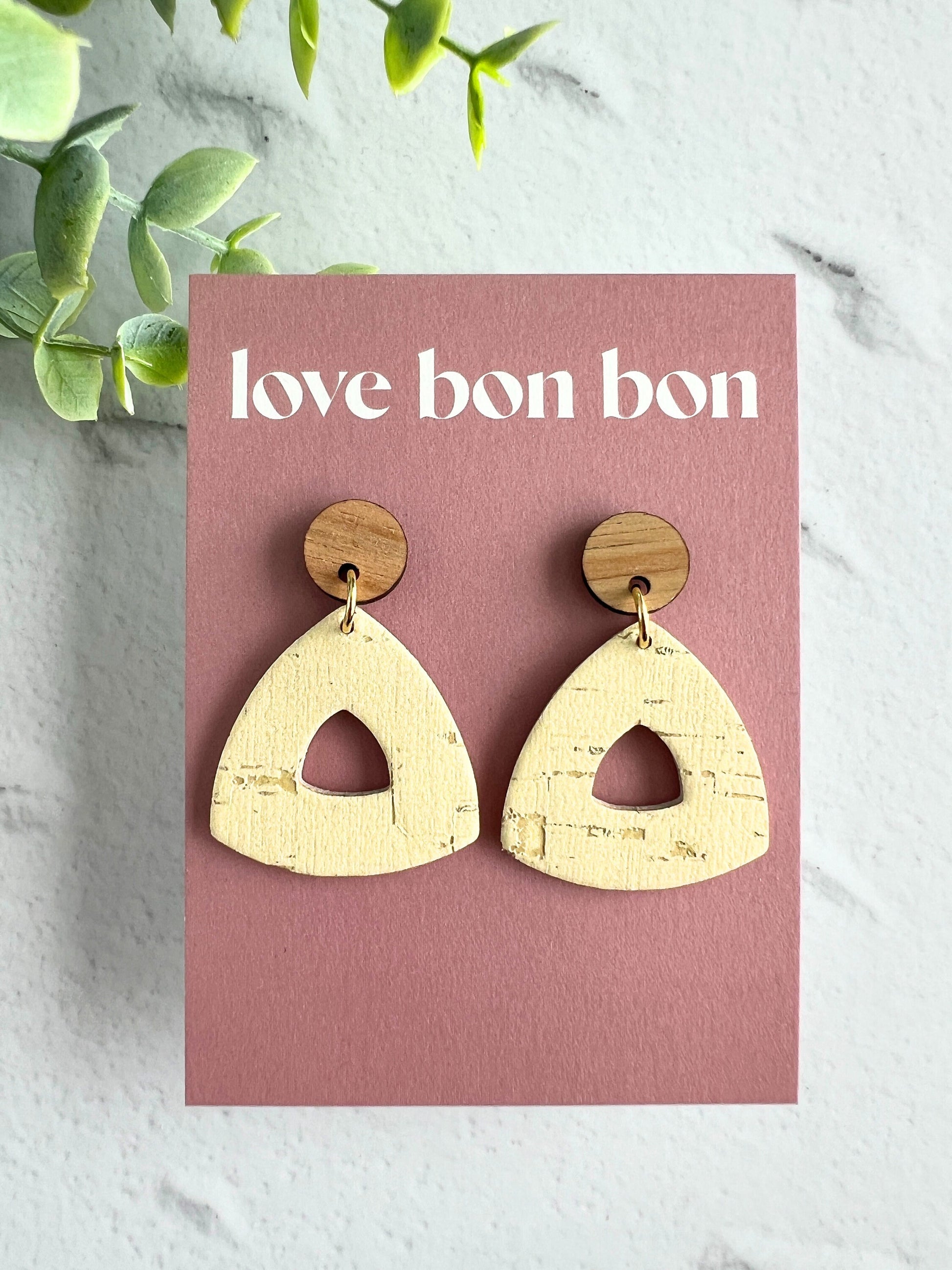 Cork and Leather Handmade Petite Cut-Out Triangle Earring with Wooden topper & stainless steel post, dangle earring, birthday gift
