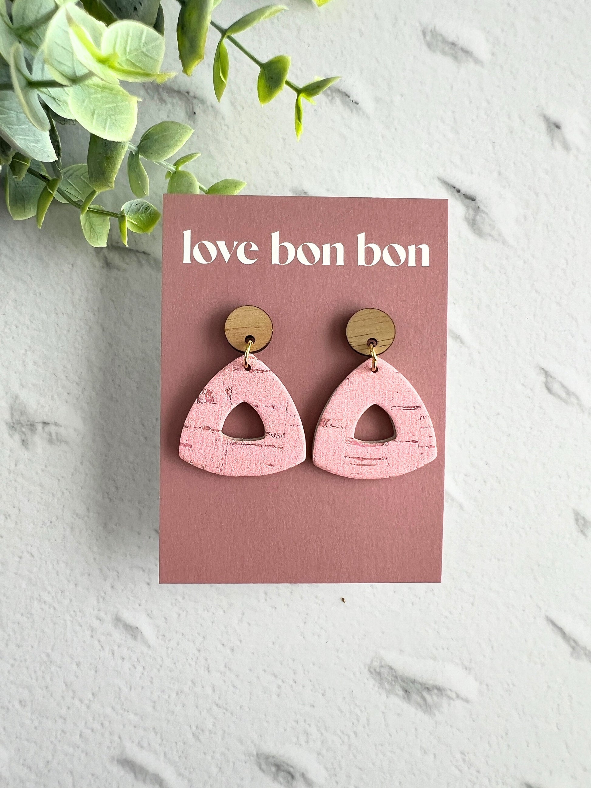 Cork and Leather Handmade Petite Cut-Out Triangle Earring with Wooden topper & stainless steel post, dangle earring, birthday gift