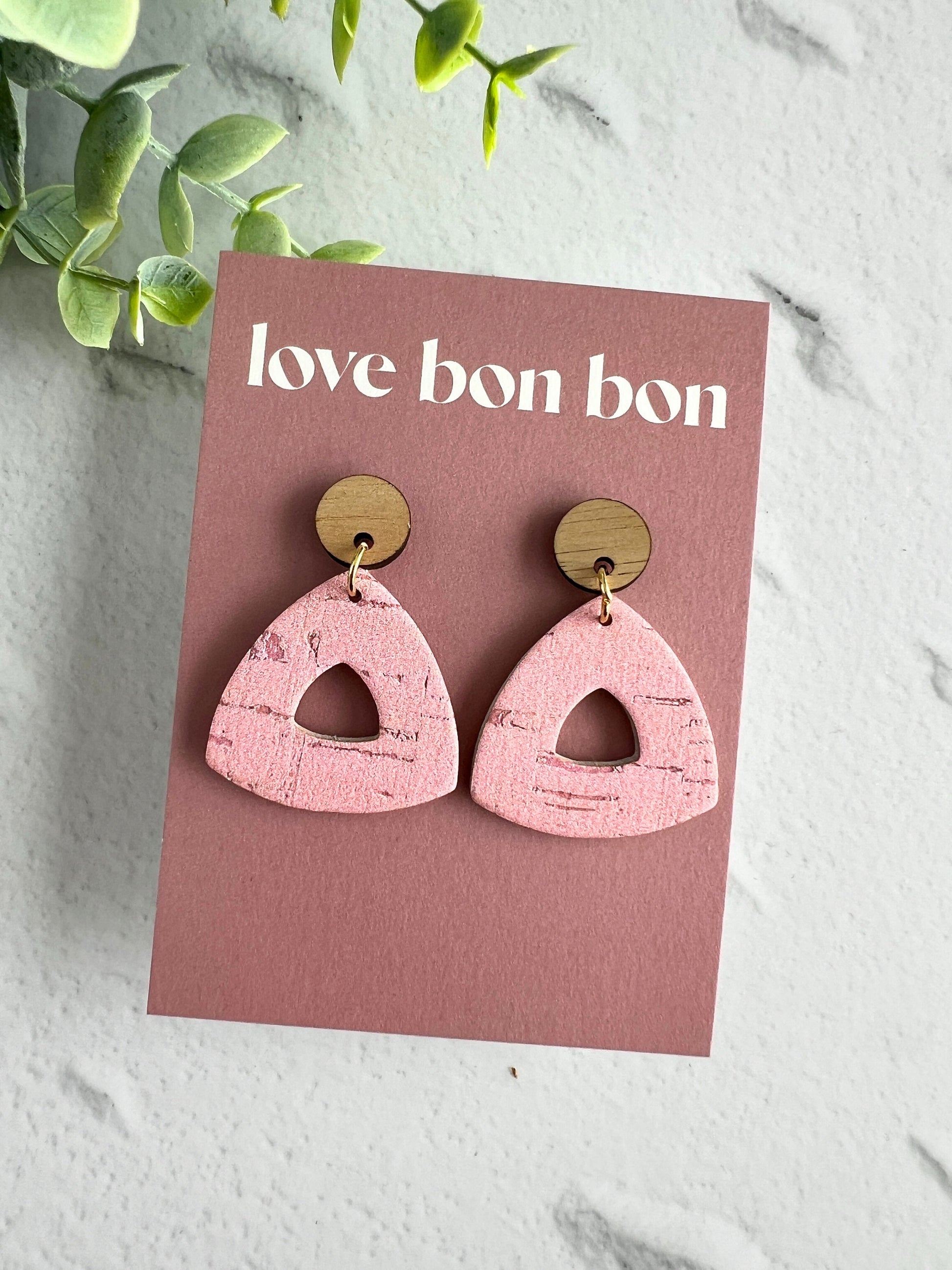 Cork and Leather Handmade Petite Cut-Out Triangle Earring with Wooden topper & stainless steel post, dangle earring, birthday gift