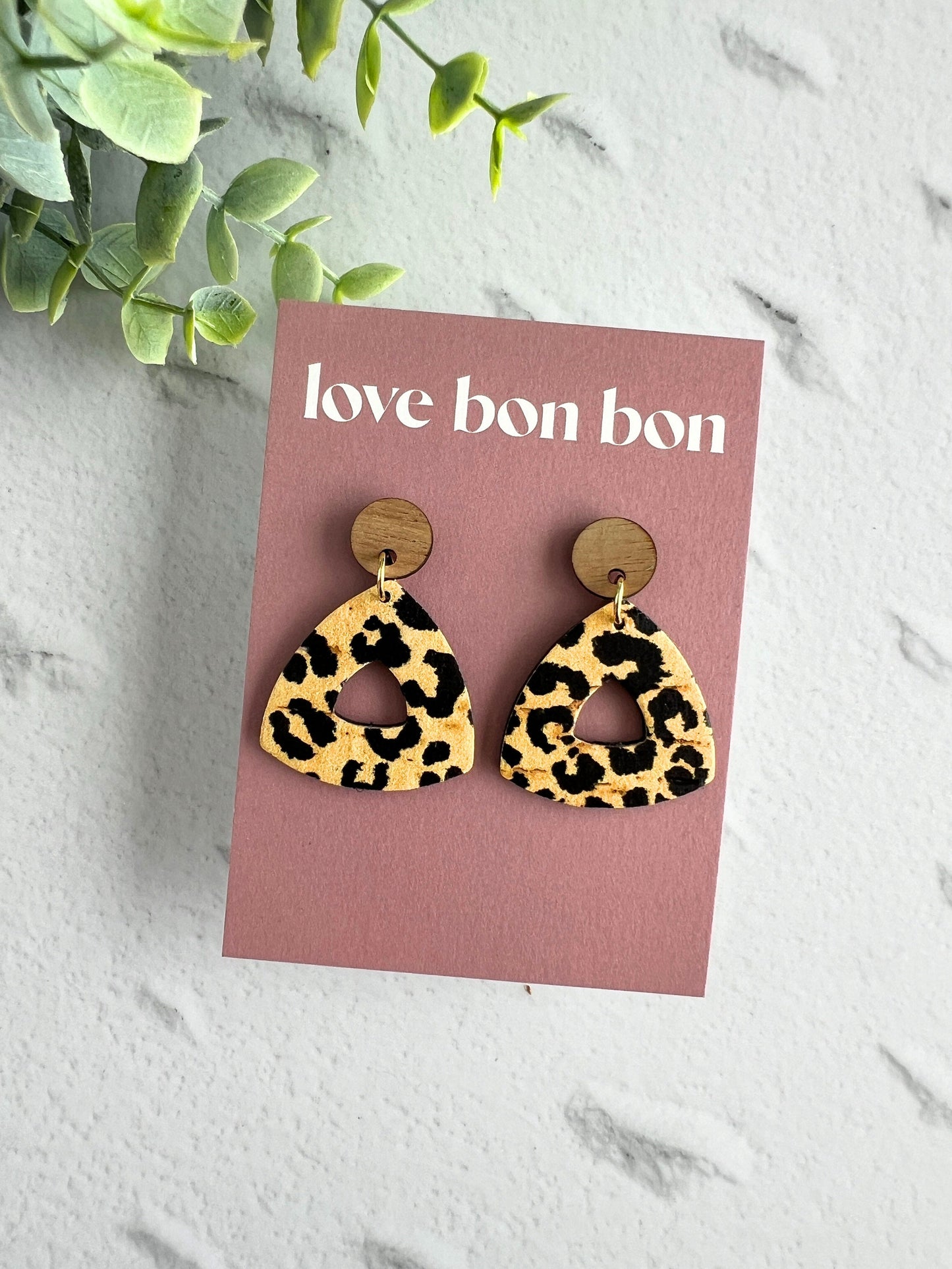 Cork and Leather Handmade Petite Cut-Out Triangle Earring with Wooden topper & stainless steel post, dangle earring, birthday gift
