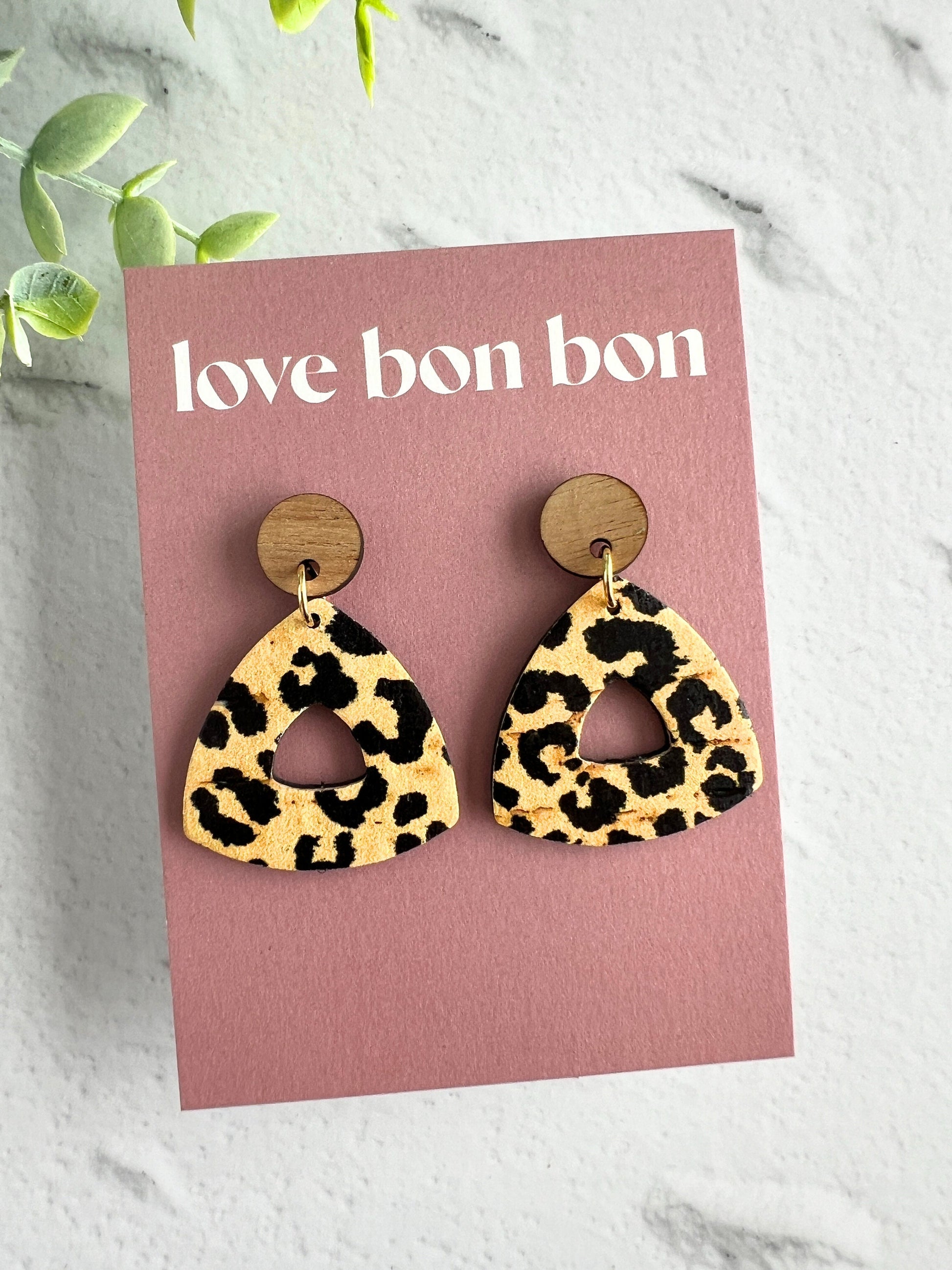 Cork and Leather Handmade Petite Cut-Out Triangle Earring with Wooden topper & stainless steel post, dangle earring, birthday gift