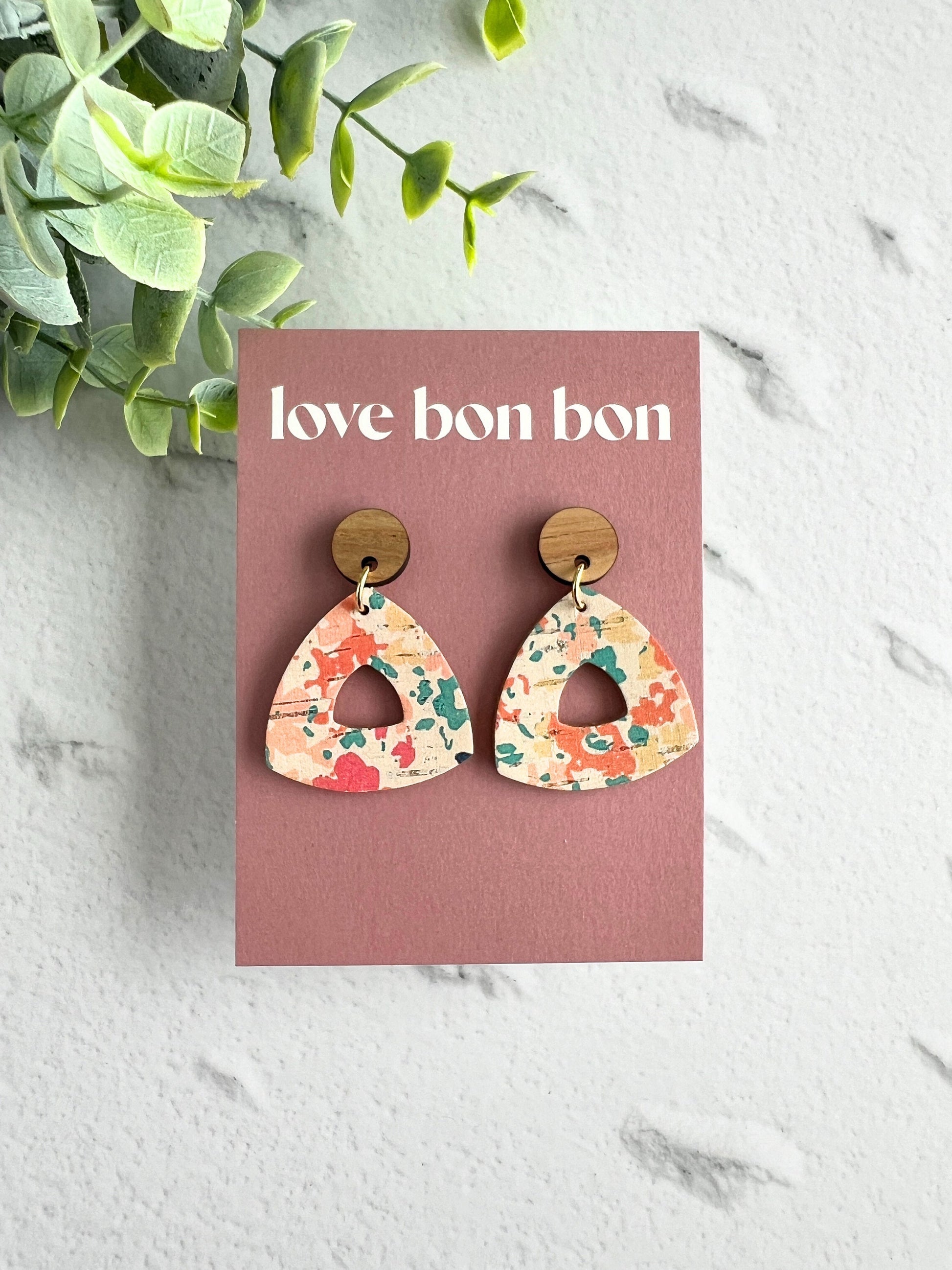 Cork and Leather Handmade Petite Cut-Out Triangle Earring with Wooden topper & stainless steel post, dangle earring, birthday gift