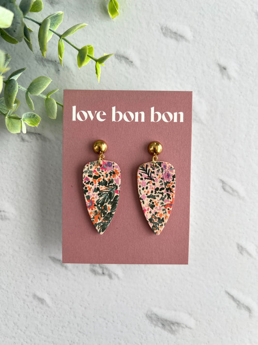 Cork on Genuine Leather Pointed Almond Handmade Earring with Gold Stainless Steel Studs - dangle earring - handmade earring