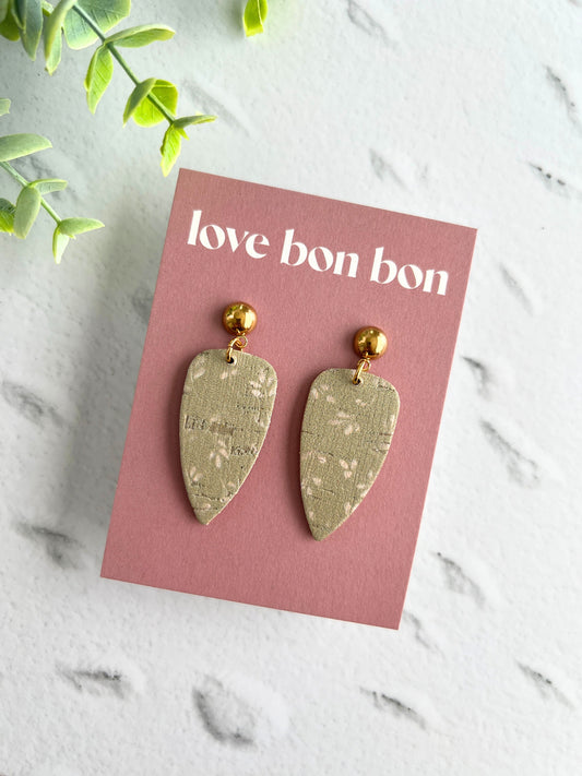 Cork on Genuine Leather Pointed Almond Handmade Earring with Gold Stainless Steel Studs - dangle earring - handmade earring
