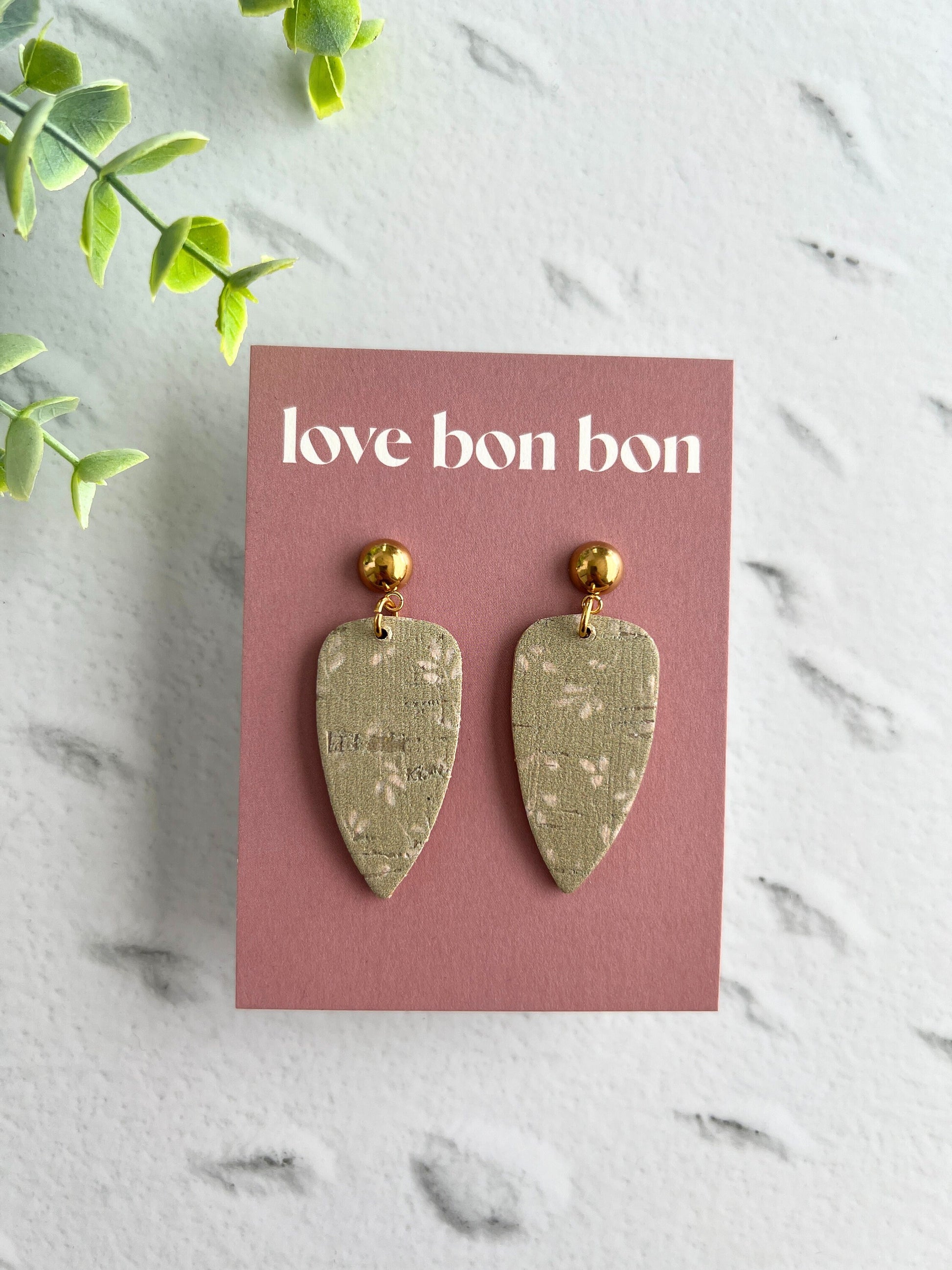 Cork on Genuine Leather Pointed Almond Handmade Earring with Gold Stainless Steel Studs - dangle earring - handmade earring