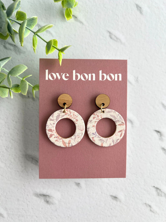 Cork and Leather Handmade Circle Cut Out Earring with Wooden topper, dangle earring, handmade earring, stainless steel post