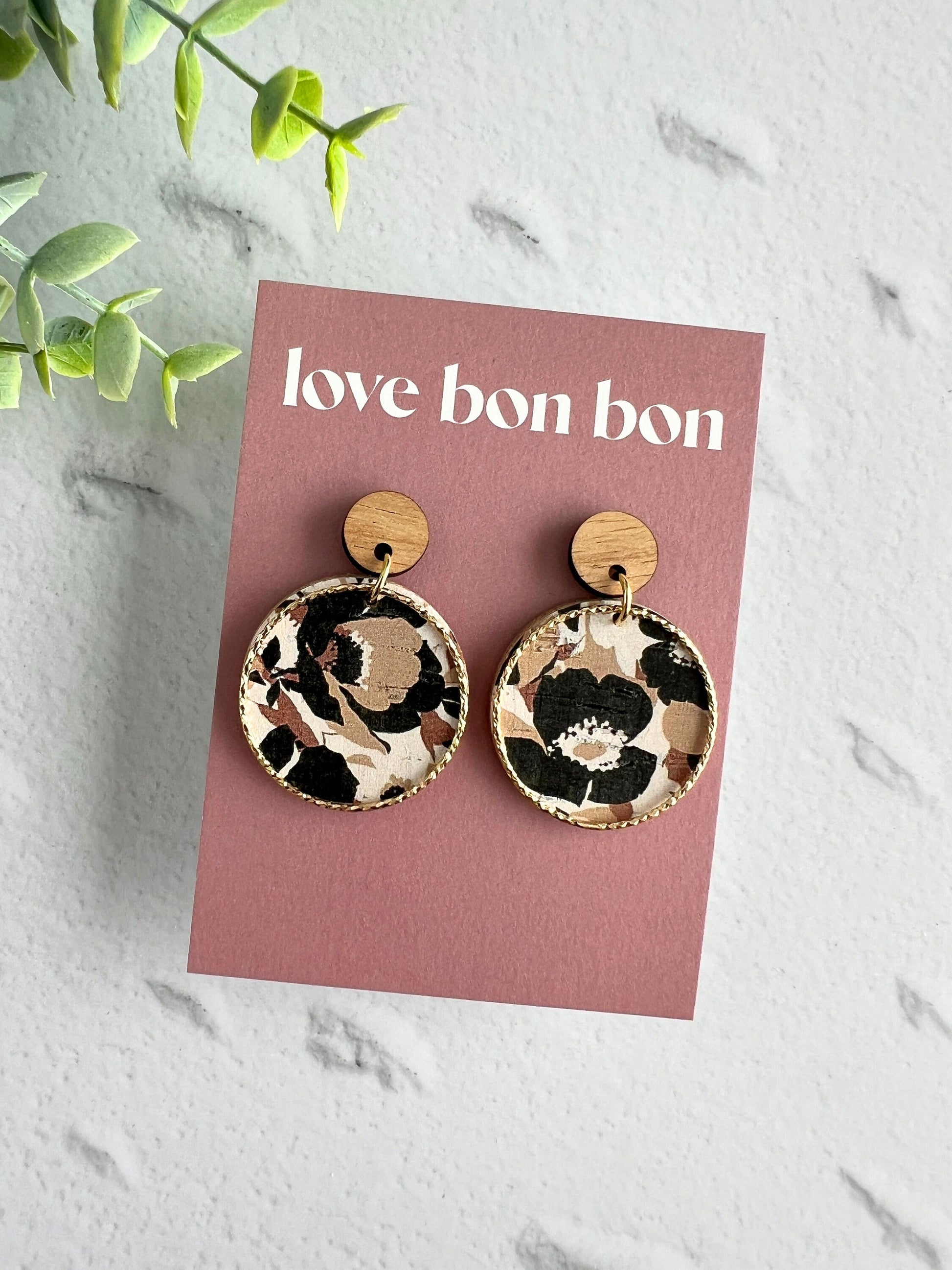 Cork and Leather Handmade Circle Earring with Wooden topper, dangle earring, handmade earring, hypo-allergenic stainless steel post