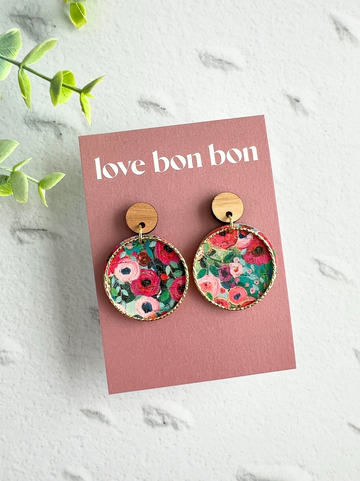 Cork and Leather Handmade Circle Earring with Wooden topper, dangle earring, handmade earring, hypo-allergenic stainless steel post