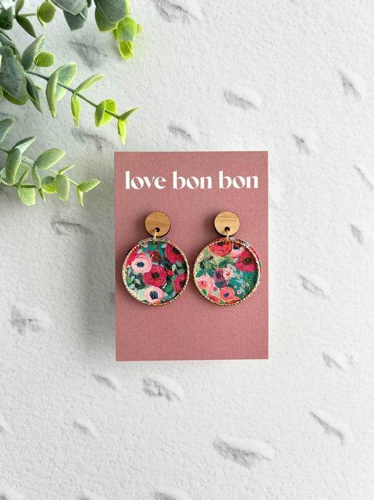 Cork and Leather Handmade Circle Earring with Wooden topper, dangle earring, handmade earring, hypo-allergenic stainless steel post
