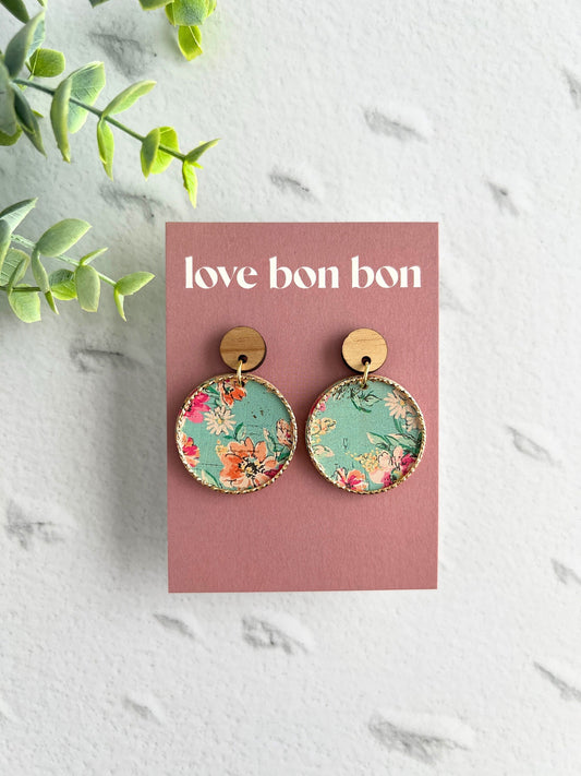 Cork and Leather Handmade Circle Earring with Wooden topper, dangle earring, handmade earring, hypo-allergenic stainless steel post